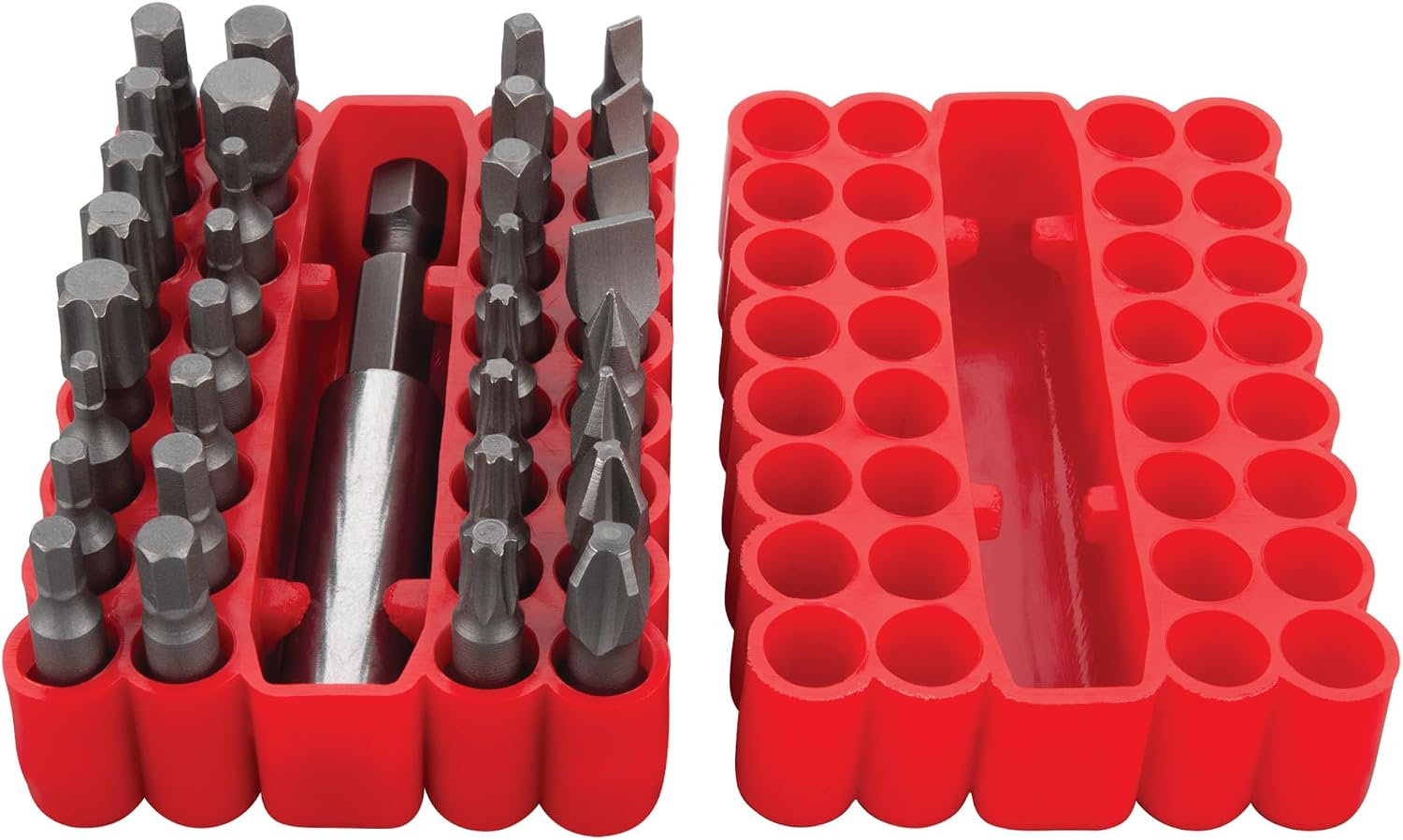 Performance Tool W8661 33-Piece Impact Torsion Bit Set, S2 Steel, 1-Inch Phillips, Slotted, Star, Square, Metrix Hex, SAE Hex Bits, 2-1/2 Inch Magnetic Bit Holder, 2-Sided Rubber Case, Red
