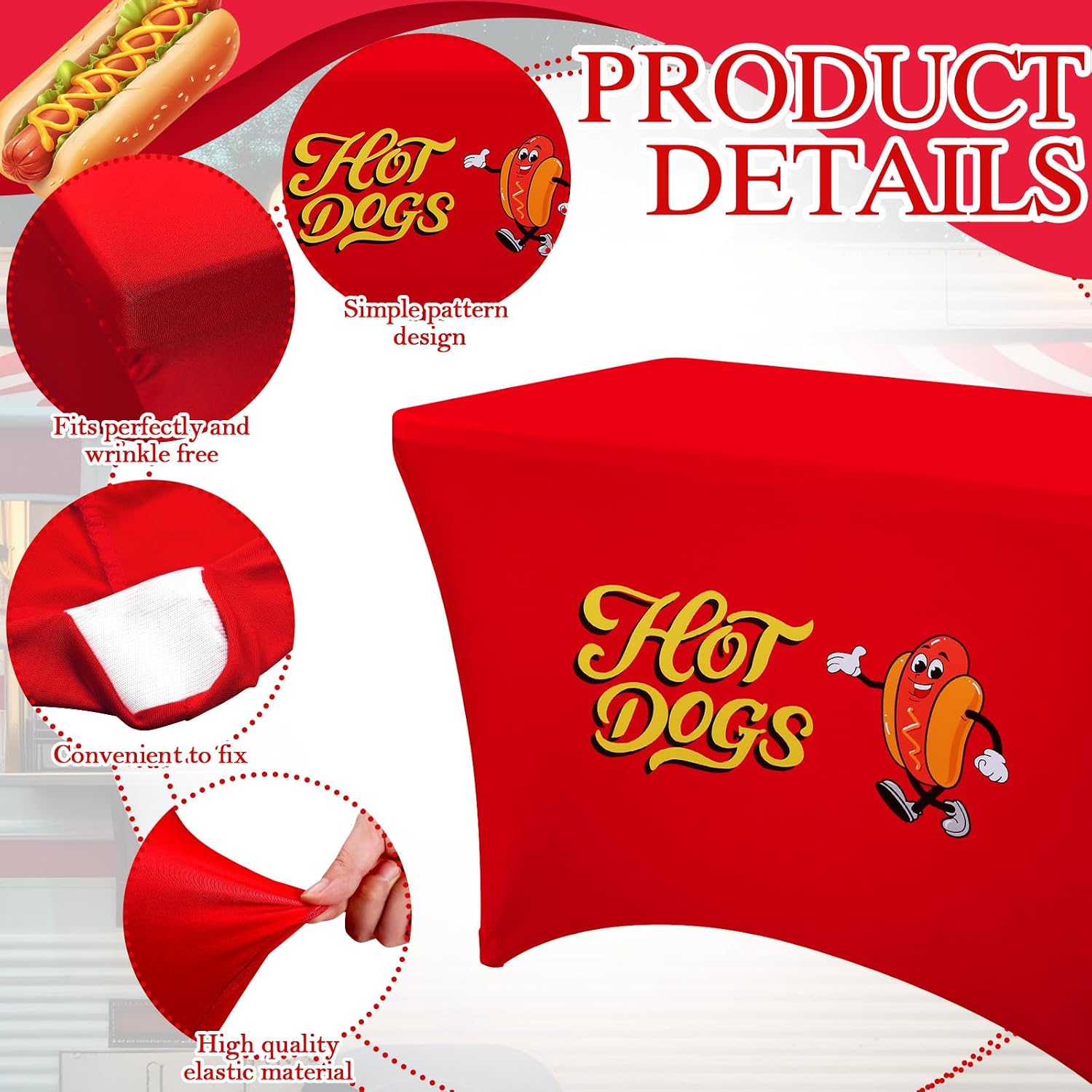Oudain 4 ft Hot Dogs Tablecloth Stretch Spandex Hotdogs Table Cloth Cover Rectangle Table Hotdog Party Decorations for Sausage Food Hot Dog Concession Stand Supplies image 3
