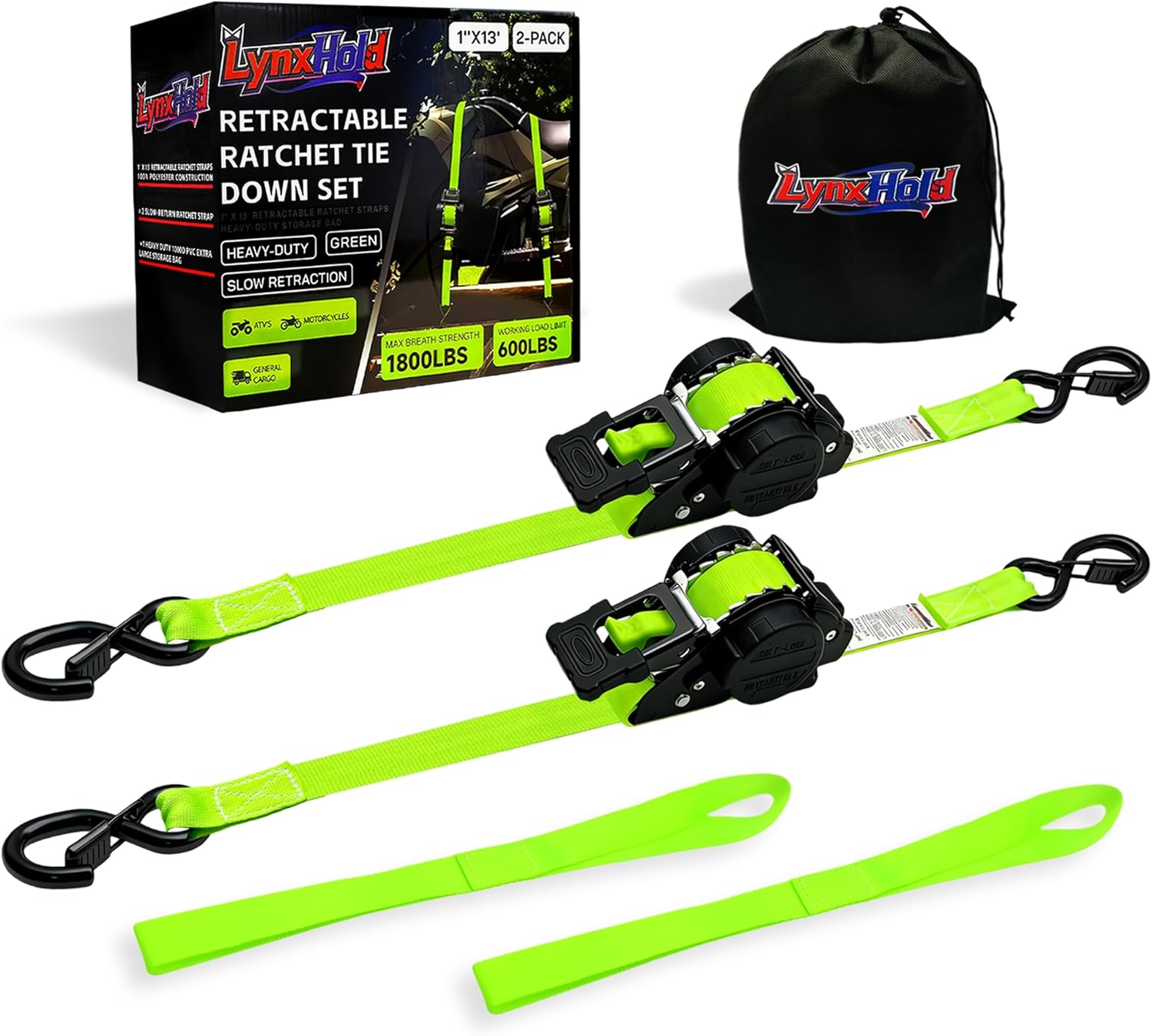 Retractable Ratchet Straps Auto Self Retracting Tie Down Straps for Truck, Cargo Trailer, Motorcycle, ATV, UTV (Green, 2PK)