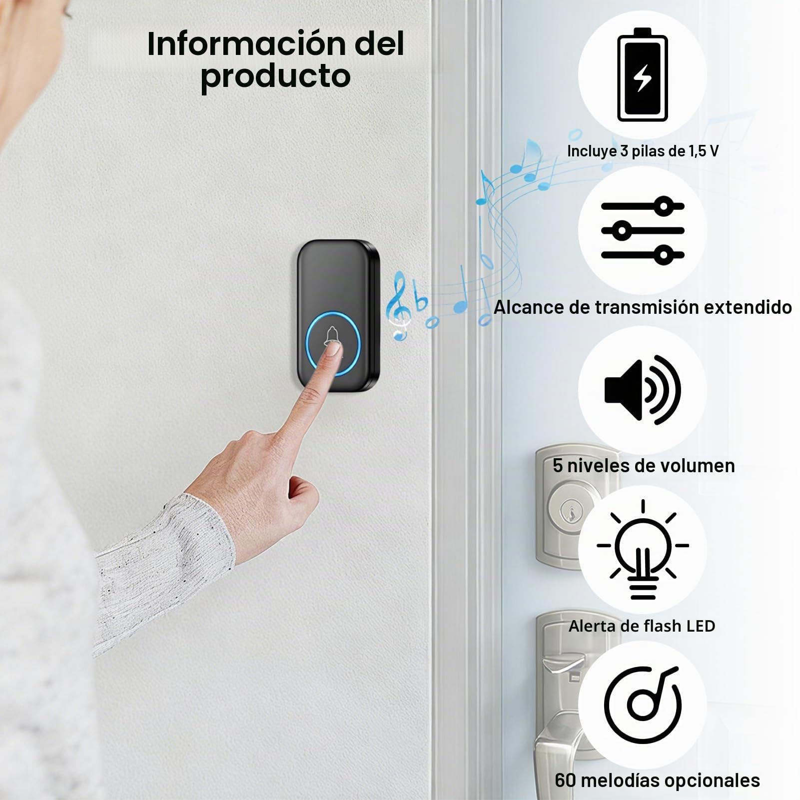 Timbre Inalámbrico Exterior Impermeable 60 Melodías 5 Niveles de Volumen Kit de Timbre Inalambrico Doorbell con 1 Receptores + 1 Botón a Pila Indicador LED 300m Alcance para el Hogar Oficina (Negro)