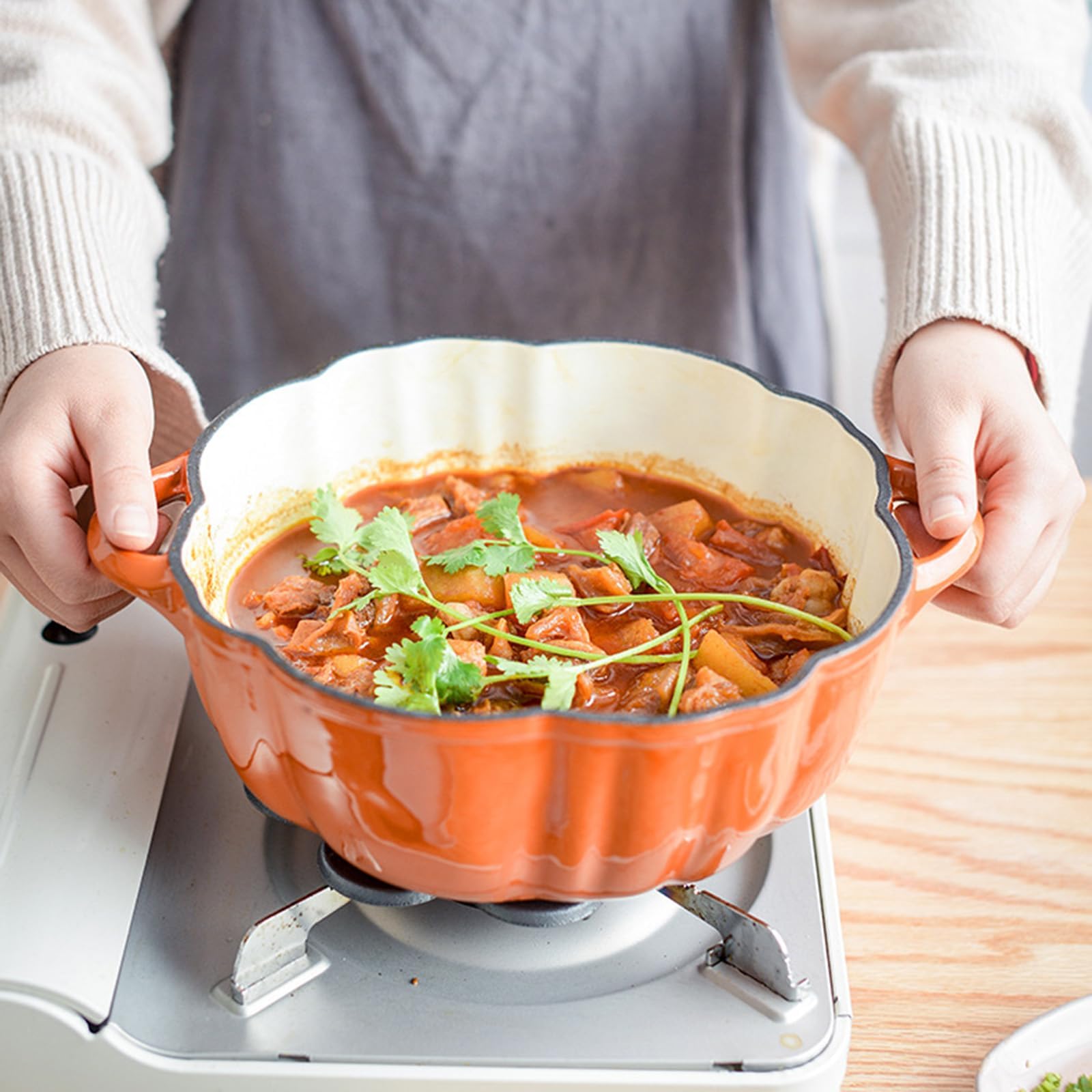 Horno holandés de hierro fundido, cacerola con forma de calabaza con tapa y asas, olla antiadherente para gachas, sopa, guisos, regalos, 3.7 L