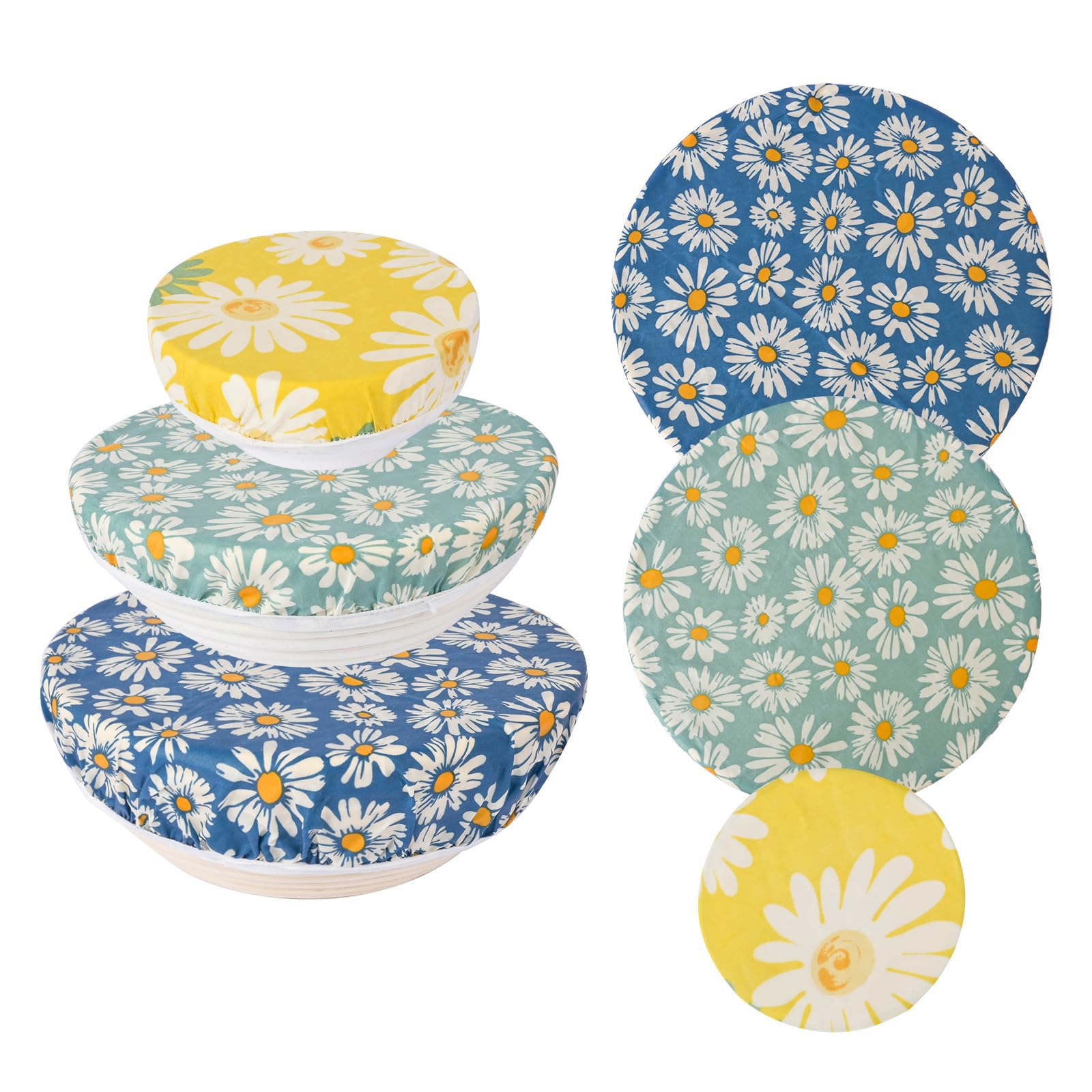 Gemejutor Reusable Elasticated Beeswax Bowl Covers (3 Pack) β Breathable Cotton with Beeswax Coating for Sourdough Proofing & Food Storage, Daisy Print, Fits Bowls 10β33cm