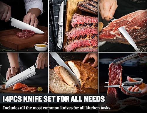 Miniatura 7 de Juego de cuchillos de 14 piezas con bloque de madera, juego de bloques de cuchillos de cocina de acero inoxidable con afilador integrado, apto para