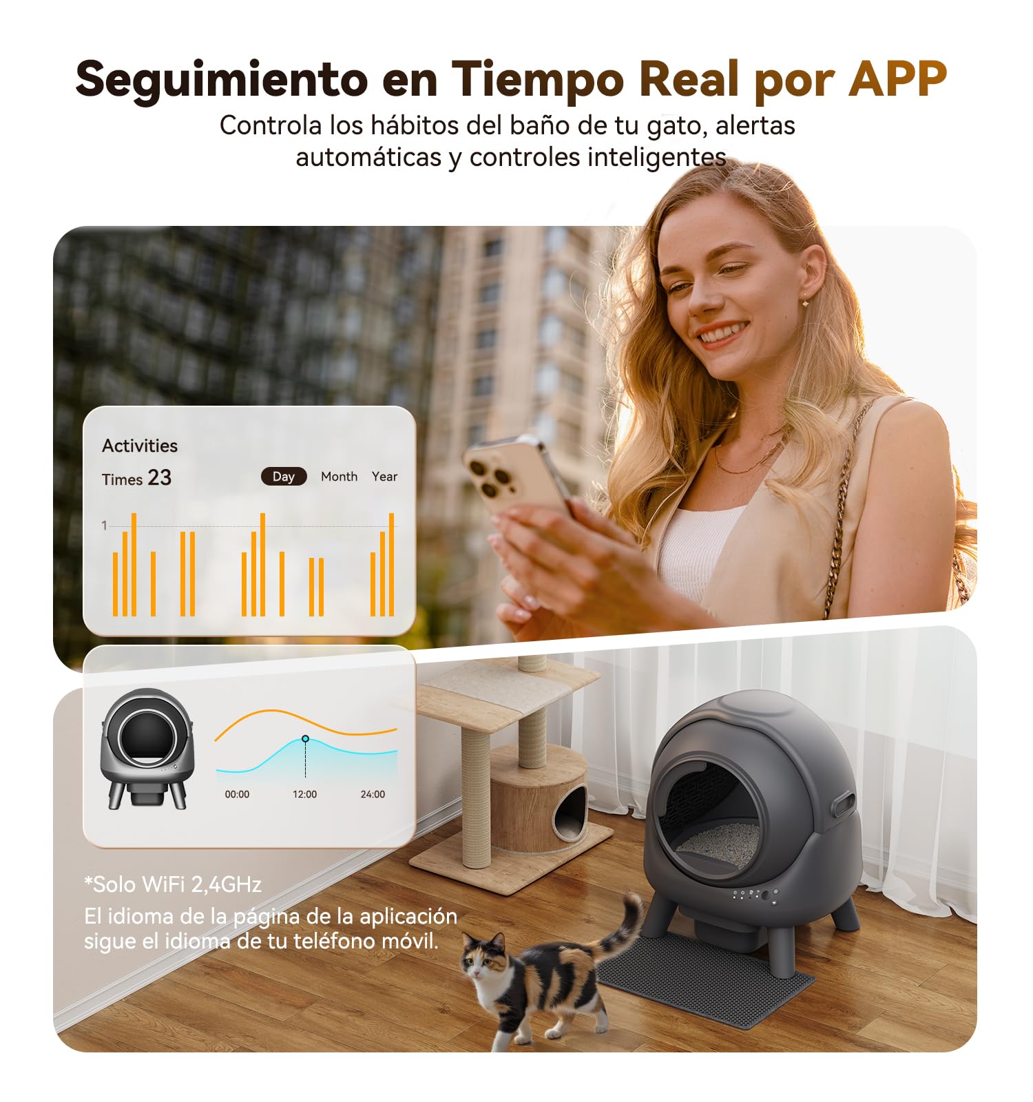 Arenero Gatos Autolimpiable Caja de Arena Sin Olor 65L +1 Bolsa de Basura | FEELNEEDY Control de Olores,App Monitor en Tiempo Real,Sensores de Seguridad con Varios Gatos (1-8 kg)