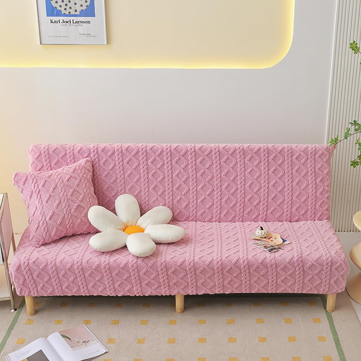 Thick Armless Folding Futon Sofa Slipcover,One Piece Spandex Camper Couch Bed Covers, Solid Color Decorative Knit Dust Proof Furniture Protector Pink 120-145cm