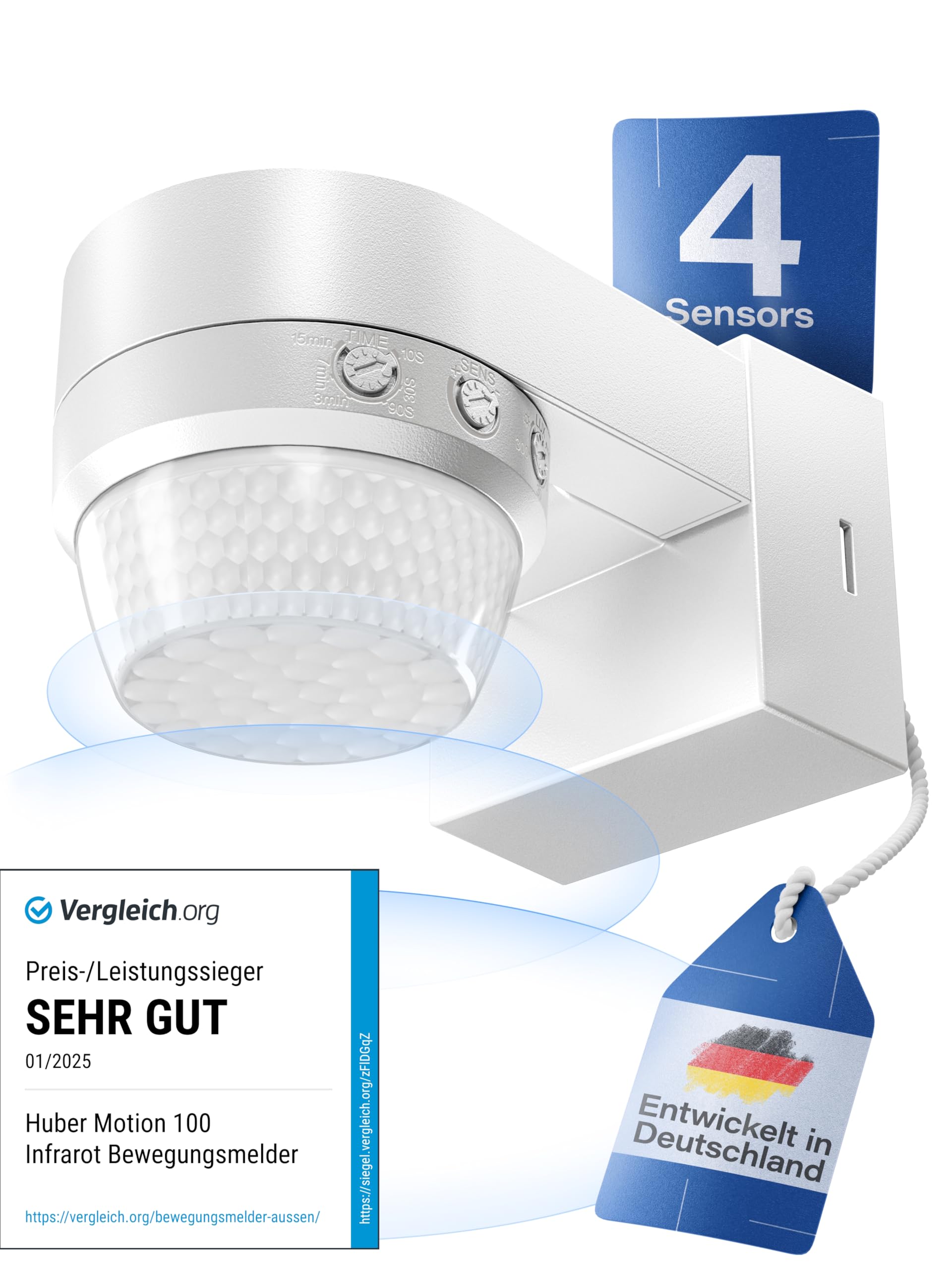HUBER Motion 100 Infrarot Bewegungsmelder 360° mit 4 Sensoren und Fresnel-Linse - IP65 Bewegungsmelder LED geeignet I inkl. Unterkriechschutz & Bereichsbegrenzung, Wand-/Deckenmontage, weiß
