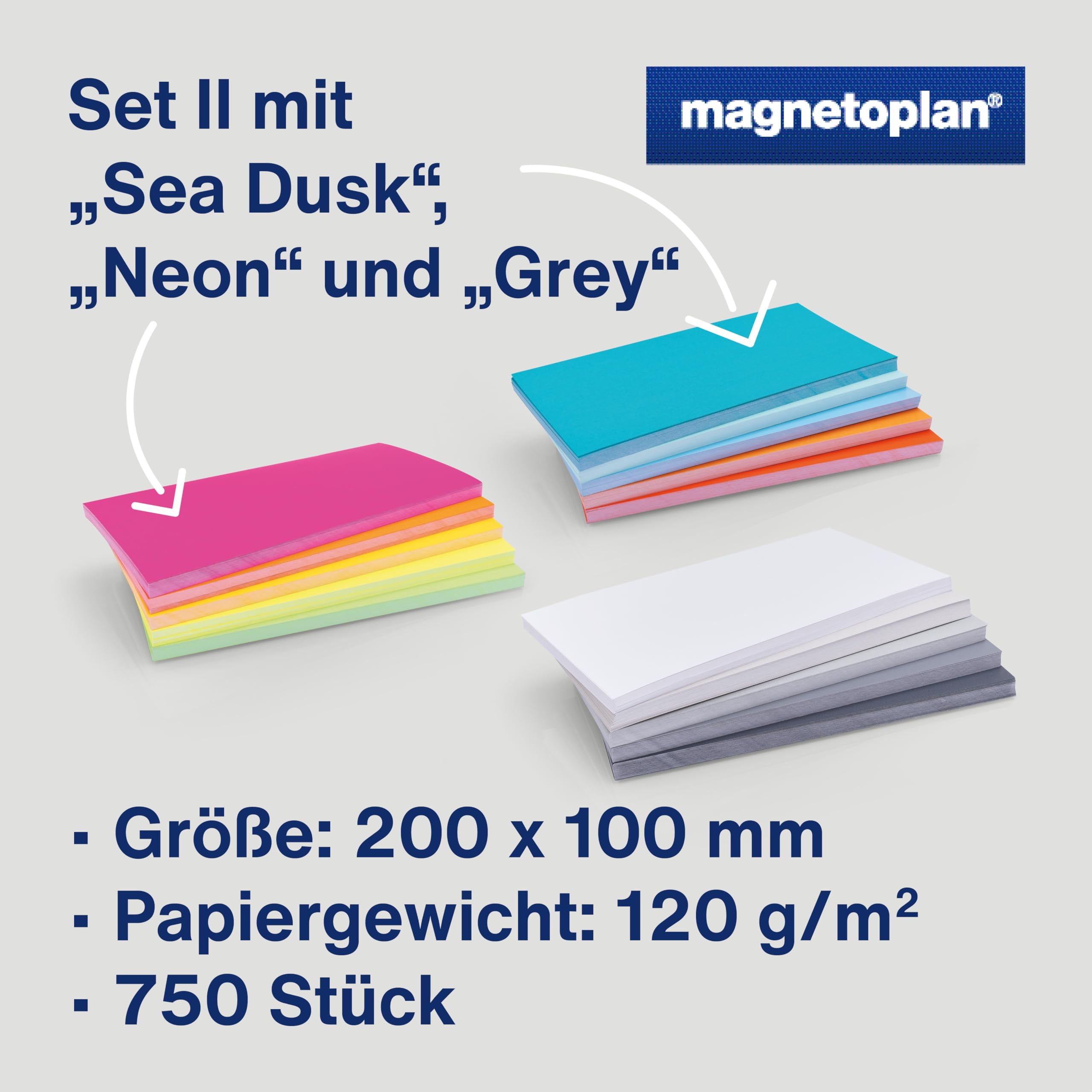 magnetoplan Moderationskarten, Set 2 (Sea Dusk, Neon, Grey) | 750 Stück | FSC zertifiziert, 120 g/m² | Blanko Karten in 15 starken Farben für Schule + Büro | BxH 200x100 mm, rechteckig