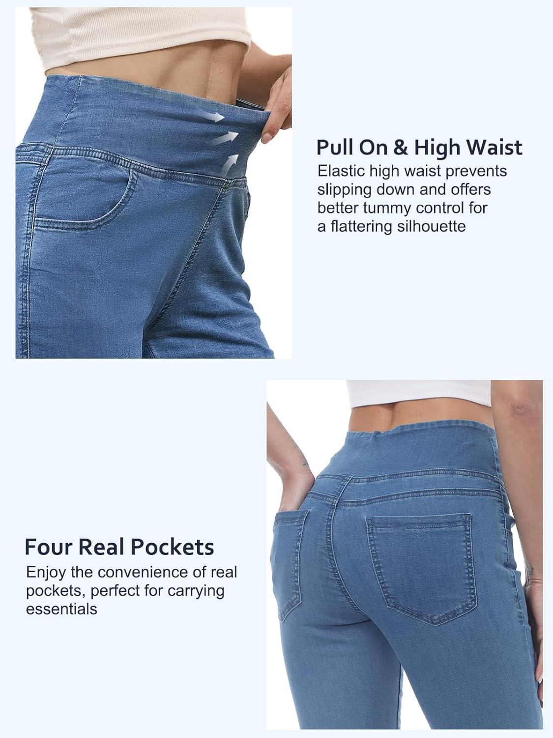 Pull on Skinny Jeans for Women, Stretchy High Waisted Leggings Trendy Tummy Control Demin Jegging with Pockets - Image 3