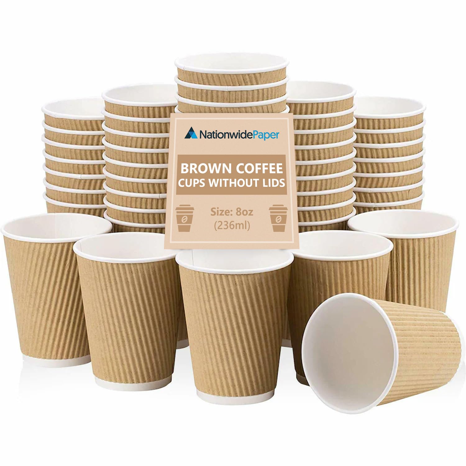 Nationwide Paper 8oz (235ml) Triple Wall Ripple Paper Cups Brown Insulated Disposable Takeaway Coffee Cups for Hot Drinks Tea