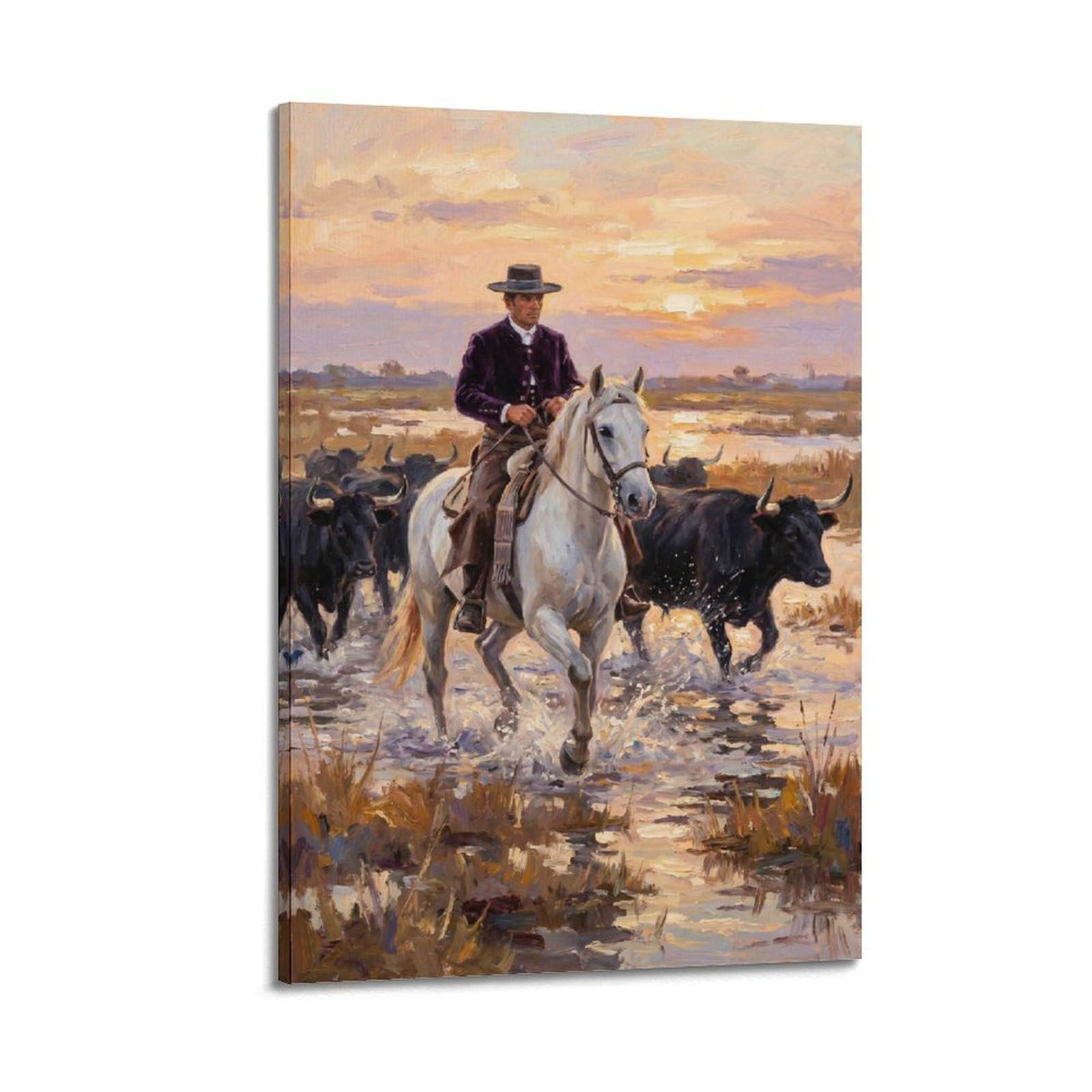 XKUGA Rodeo Cowboy Horseback Riding Poster Cattle Drive Western Ranch Modern Decorative Canvas Prints - Ideal Wall Art for Family, Man Cave, Game Room, Boys & Girls Bedroom 16x24inch(40x60cm)