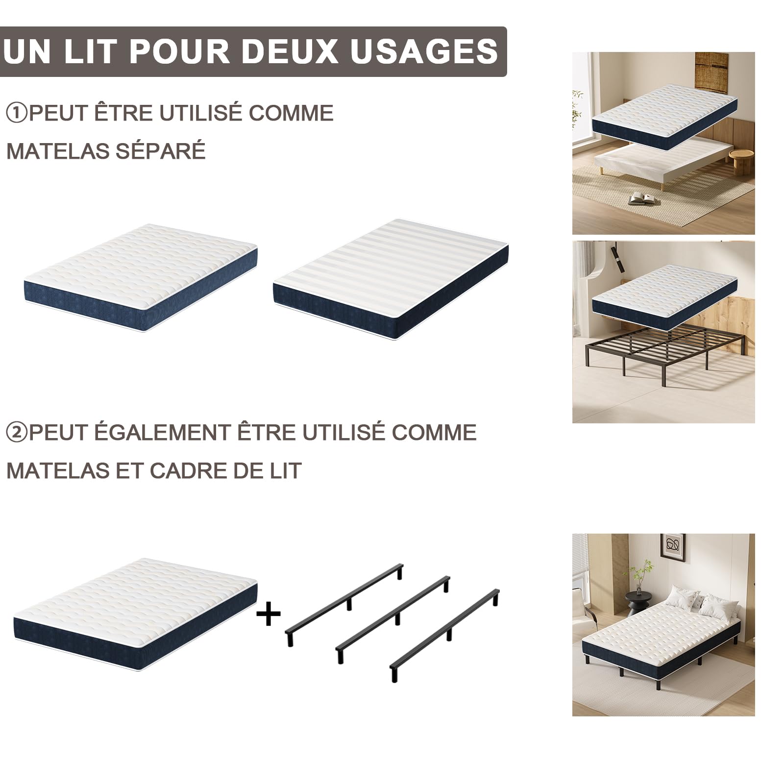 DEWINNER Ensemble Matelas + sommier (140 x 200cm), Matelas en Mousse A Mémoire et Robuste Cadre de lit en Fer avec 9 Pieds, Lit Complet, épaisseur 15cm, Ergonomique,Hypoallergénique