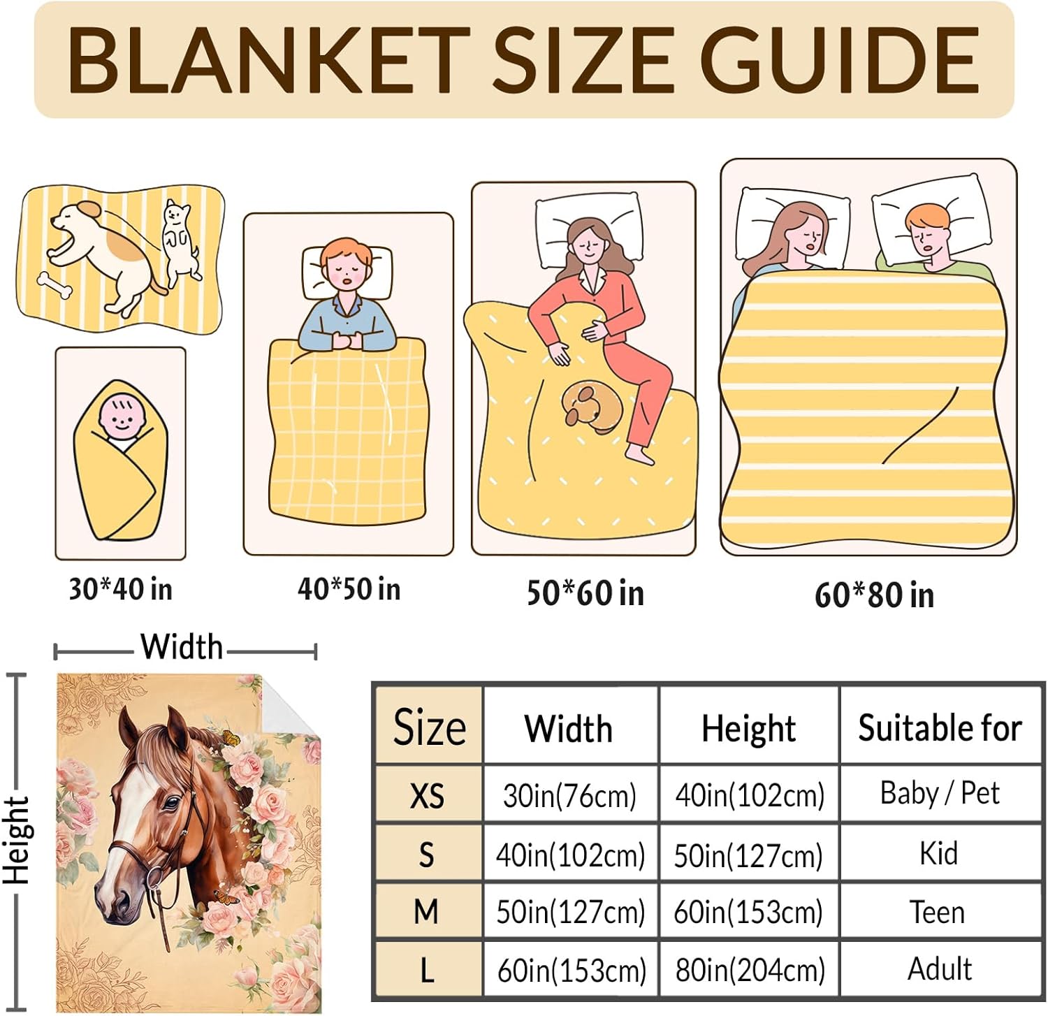 Girls Horse Blanket, Rose Floral Throw Blanket Gift for Women Daughter Mom, 50x60 Inches Lightweight Soft Cozy Throw for Sofa Couch Bed Home Decor