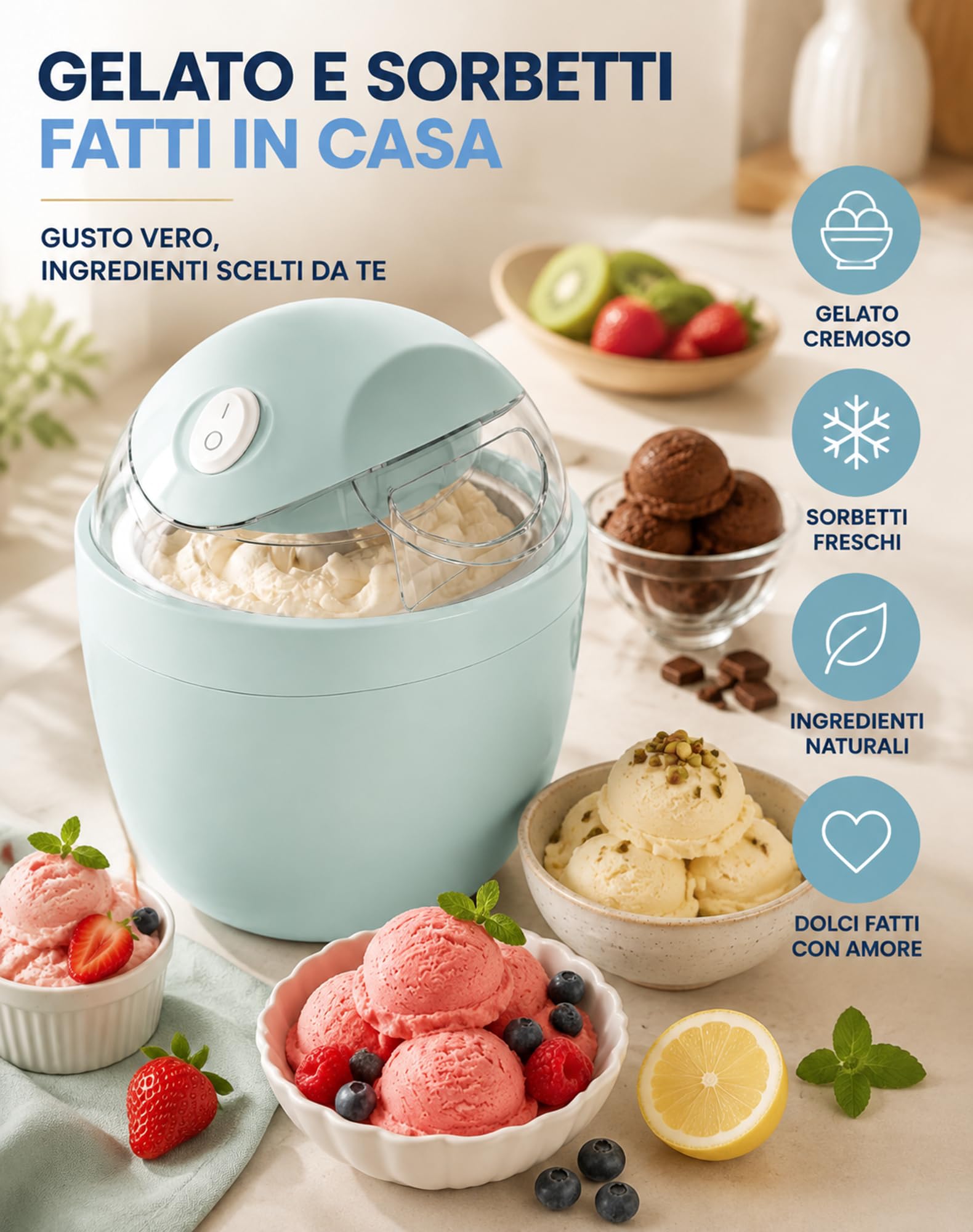 Gelatiera GelatoVivo, Gelato in Pochi Minuti, Non Serve Il Ghiaccio，Azzurro