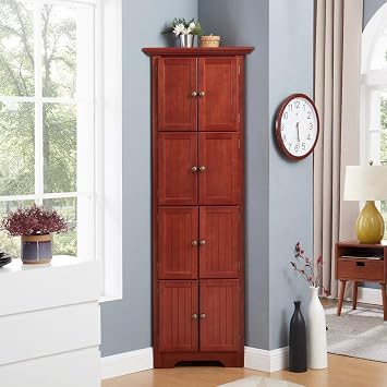 JIJIWANG 4-Tier 72" Corner Kitchen Pantry Storage Cabinet with 8 Doors, 4 Adjustable Shelves, Cherry Finish, Rustic Style, Freestanding, Hallway or Kitchen