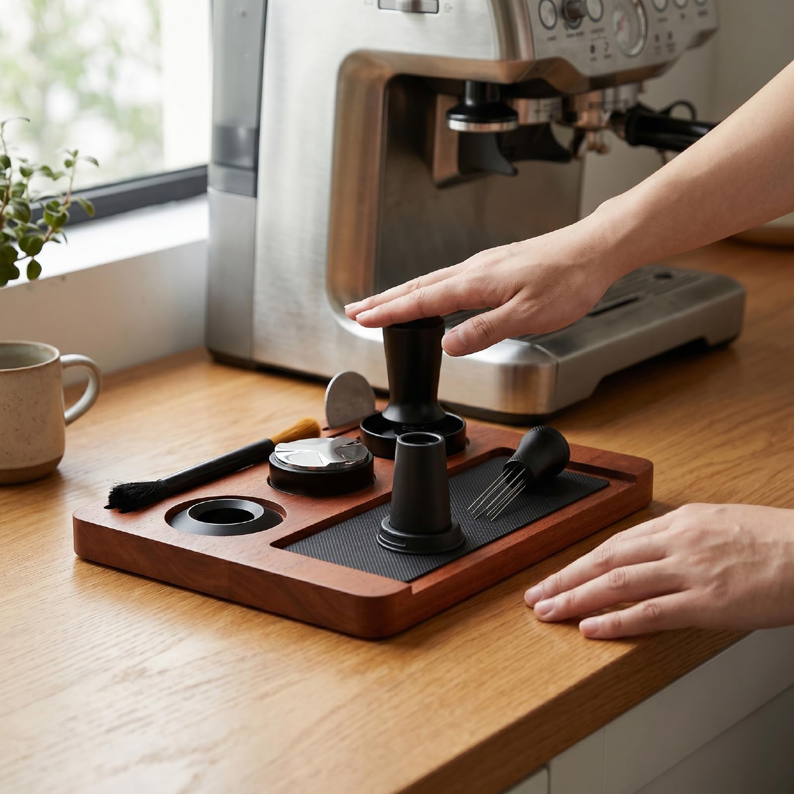 Haofy 51mm 7-częściowy Zestaw Narzędzi do Espresso dla Domowego Baristy ze stacją Ubijania Drewna z Pierścieniem Dozującym WDT Ubijak do Kawy i Zestaw Dystrybutora