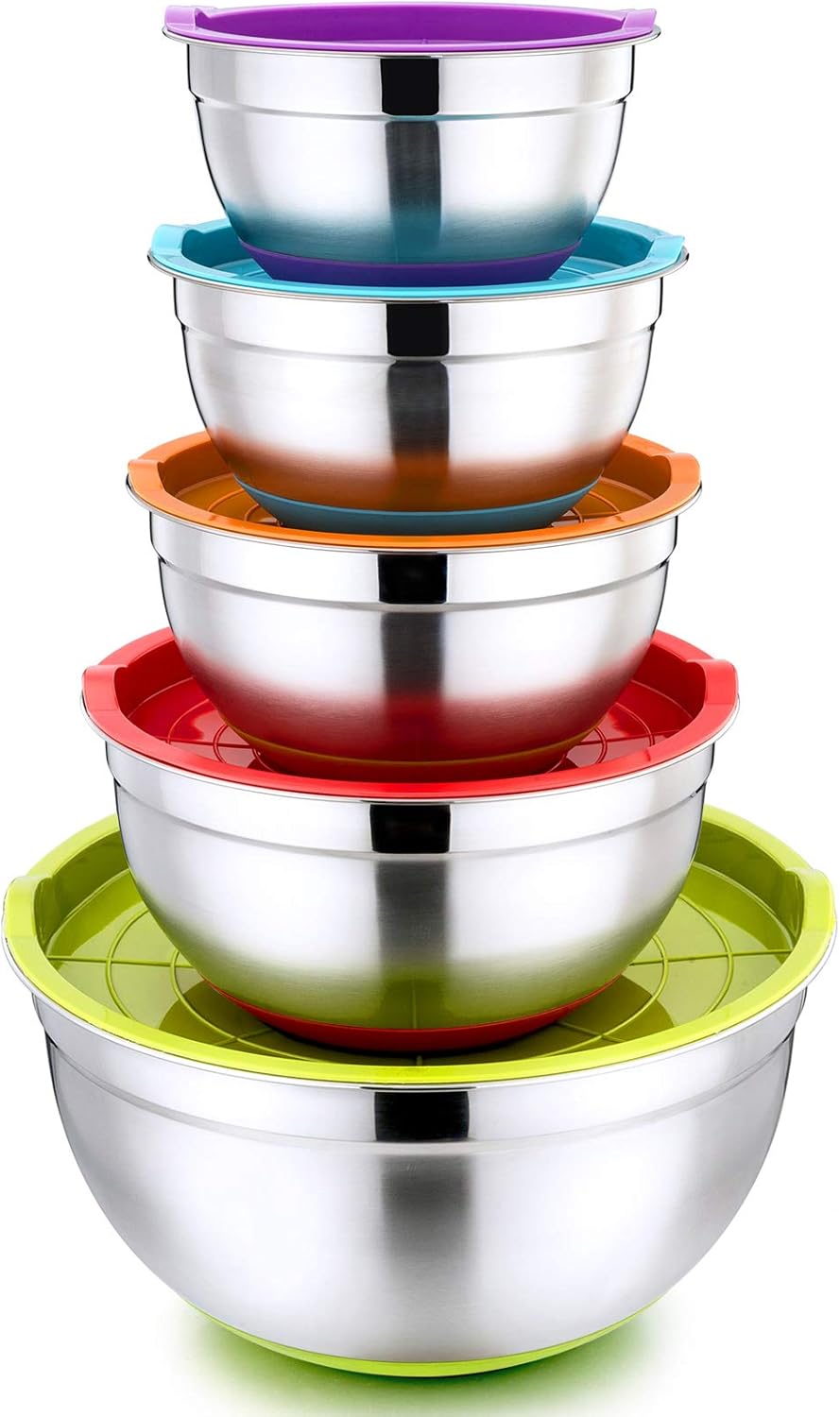 P&P CHEF Mixing Bowls with Lids Set of 5, Stainless Steel Nesting Salad Bowl with Lid & Base for Non-slip Mixing Prepping Storing Serving, 5 Sizes-7/3.5/2.5/1.5/1 QT, Multicolor P&P CHEF Mixing Bowls with Lids Set of 5, Stainless Steel Nesting Salad Bowl with Lid & Base for Non-slip Mixing Prepping Storing Serving, 5 Sizes-7/3.5/2.5/1.5/1 QT, Multicolor