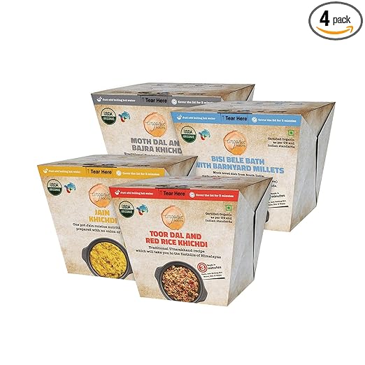 Organic Roots Spicy Mix Khichdi Combo - Pack of 4, Instant Khichdi, Healthy Snacks, Ready To Eat & Cook Meal, No MSG, No Preservatives, Full Meal