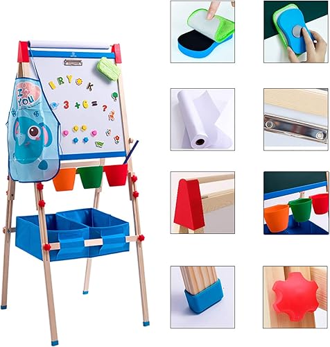 Miniatura 4 de Caballete de arte para niños con tablero magnético ajustable de doble cara, rollo de papel, almacenamiento y accesorios, caballete de arte de pie