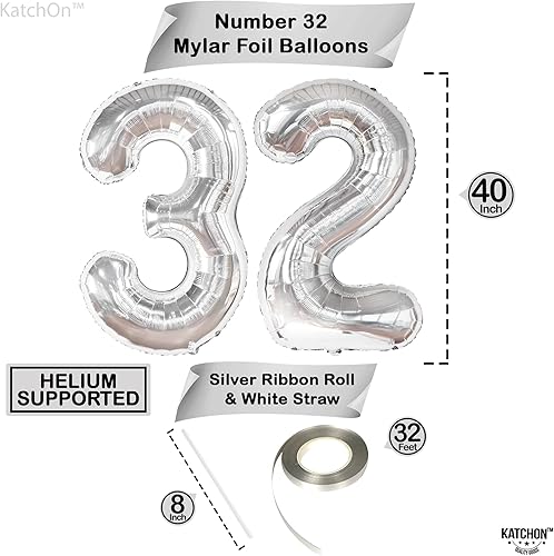 Miniatura 2 de KatchOn, Globos plateados del número 32, enormes, 40 pulgadas, 32 globos de papel de aluminio, globos plateados del número 32, decoraciones de