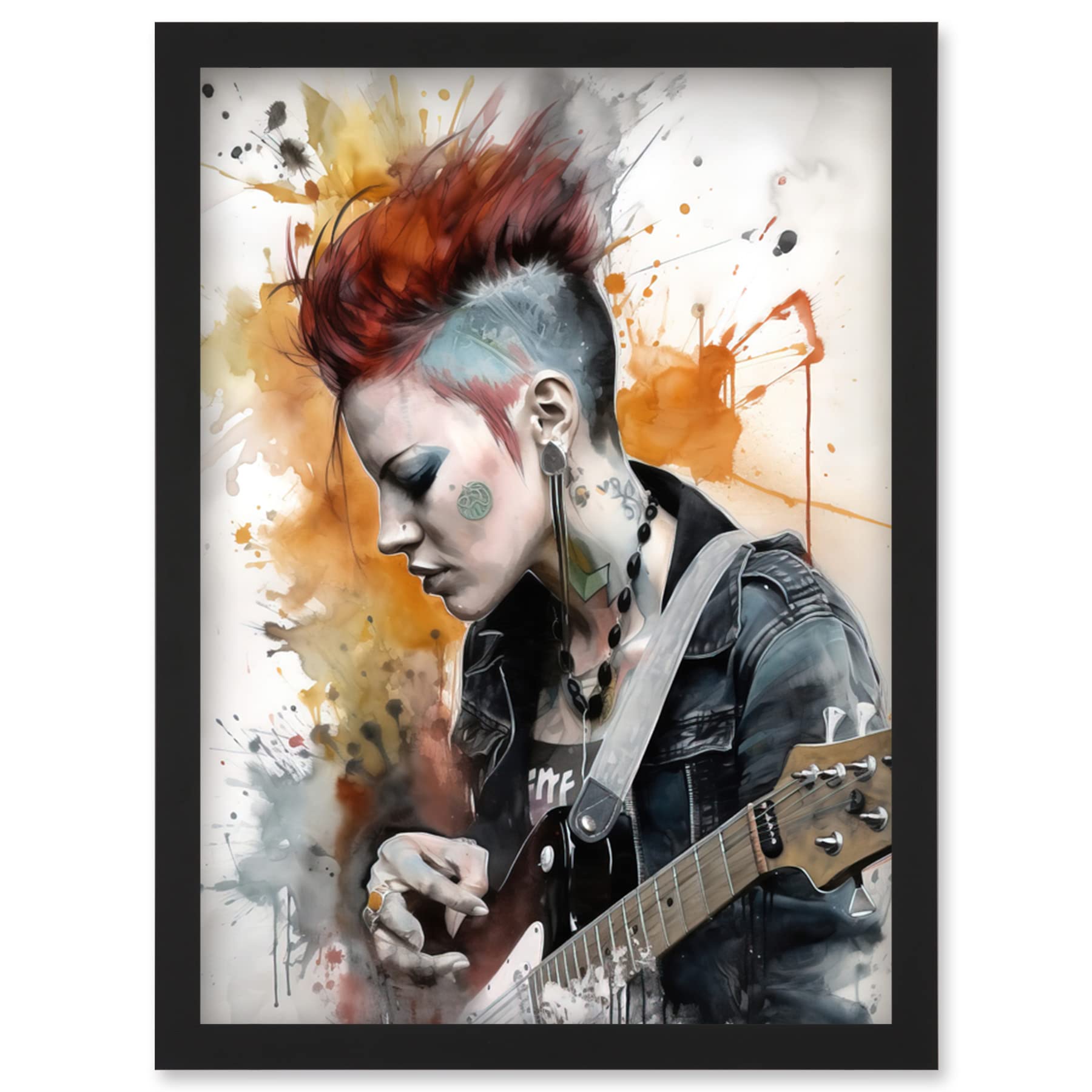 Artery8 Edgy Young Punk Woman with Mohawk and Electric Guitar Modern Watercolour Painting Artwork Framed Wall Art Print A4