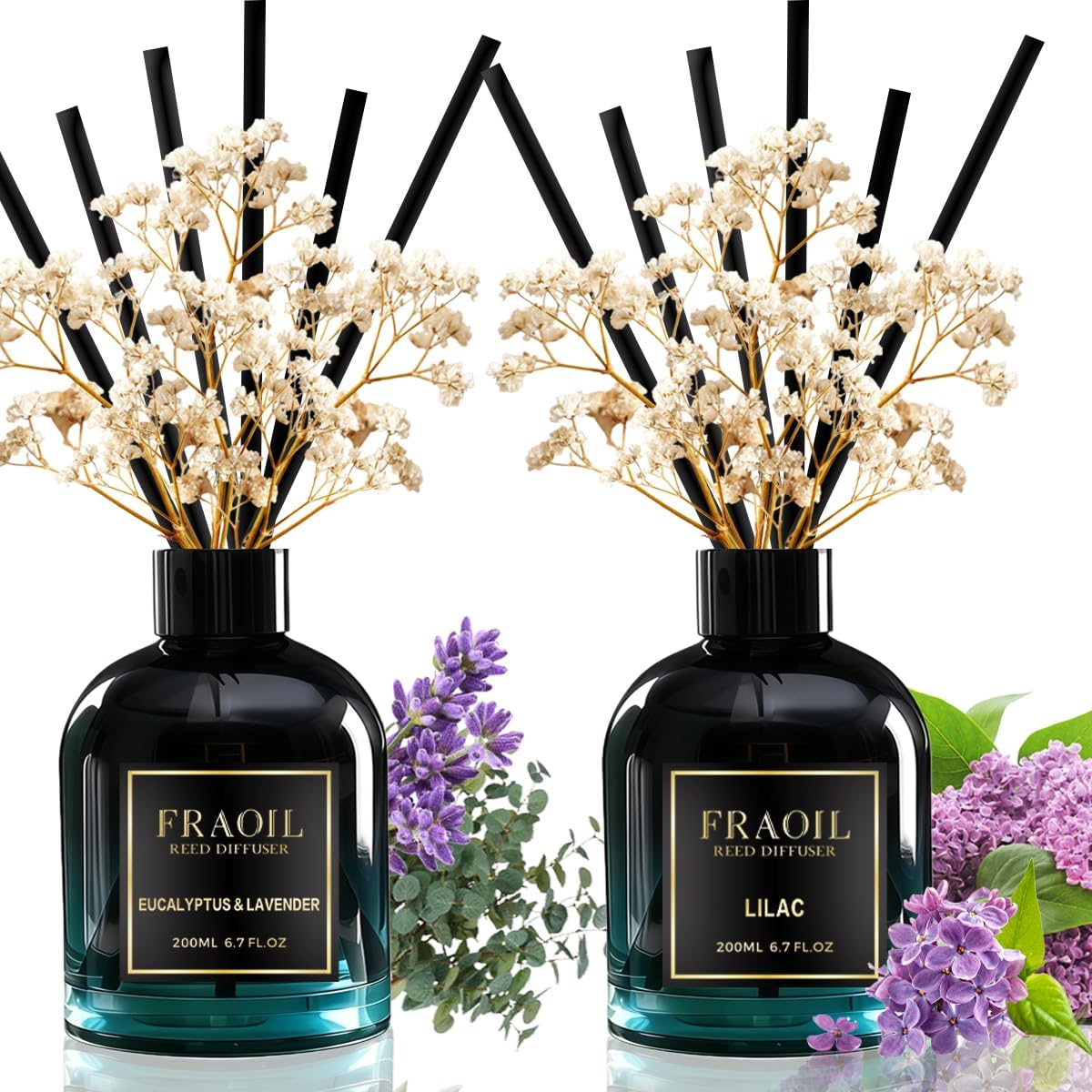 Eucalyptus & Lavender and Lilac Reed Diffuser 6.7 fl oz (200 ml) with 6 Reed Sticks, Home Fragrance Reed Diffuser for Bathroom Shelf House Bedroom Office Decor