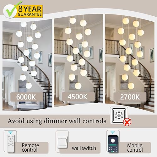 Miniatura 13 de Escalera LED de 10 luces LED moderna con globo de cristal, lámpara colgante grande para techos altos, accesorios de iluminación de entrada, villas y