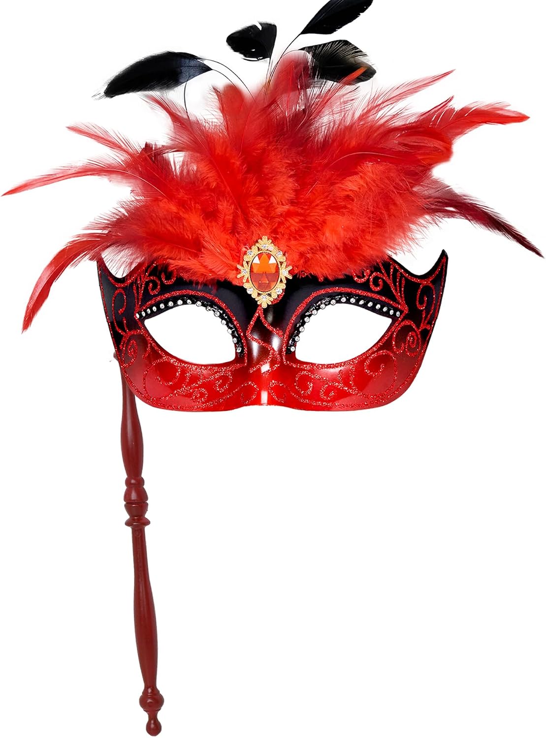 MYSEUNI 2025 Masquerade Mask for Women with Stick- Feather Masquerade Venetian Mask for Carnival, Cosplay Prom, Wedding