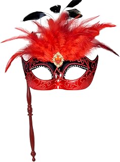 MYSEUNI 2025 Masquerade Mask for Women with Stick- Feather Masquerade Venetian Mask for Carnival, Cosplay Prom, Wedding