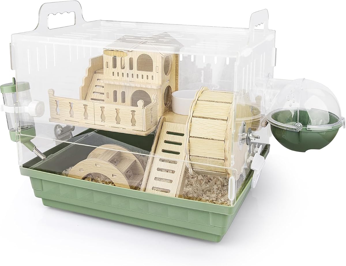 8 in 1 Acrylic Hamster Cage,2-Tier Dwarf Hamster Cage with Wooden Wheel & Hideout,Small Hamster Habitat with Accessories,Clear Pet Mice House(Green,14" L*10" W*11" H)