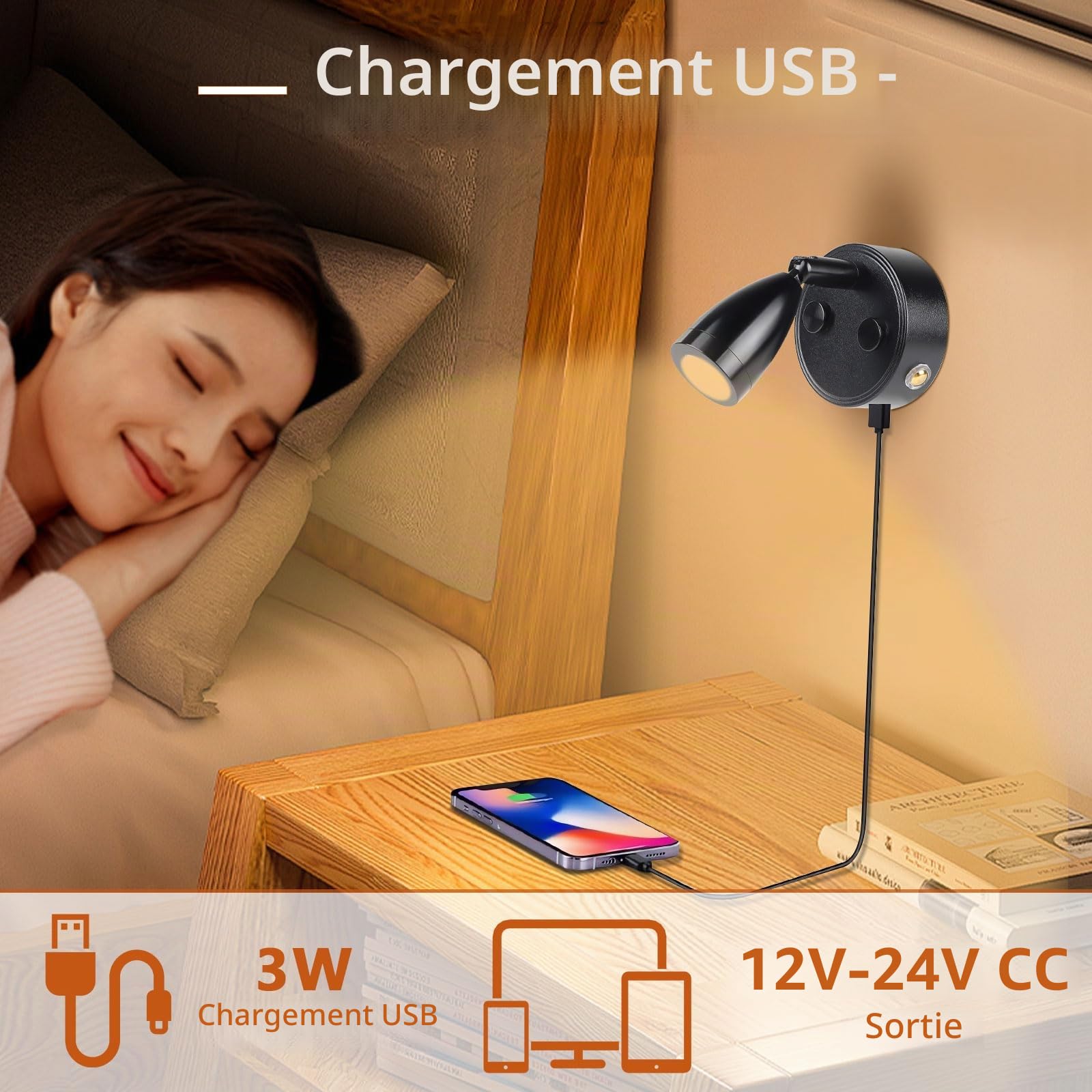 CPROSP Lot de 2 Lampe 12v led Camping Car à intensité variable avec USB 3-6000 K, spot LED 3W 12 V Lampe de lecture pour Intérieur Lumière LED Interrupteur réglable, 180 lm, 59 x 97 mm, noir
