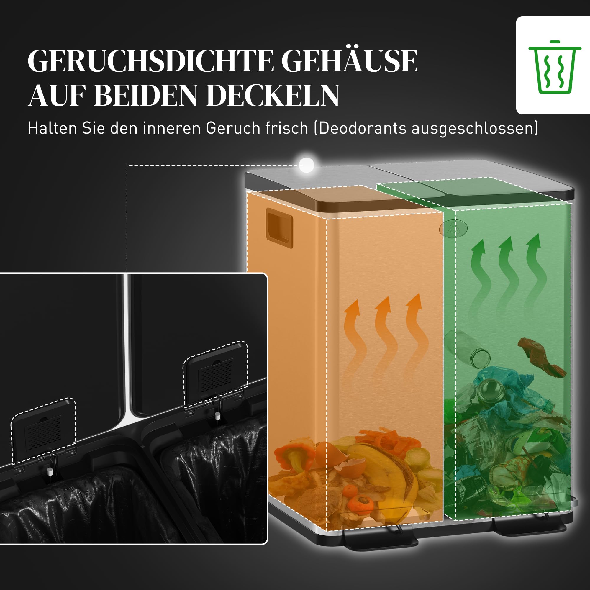 HOMCOM Mülleimer aus Edelstahl mit Softclose Deckel, 2 x 20L Silber | Abfalleimer, Mülltrennsystem, Herausnehmbare Inneneimer, Deodorant-Fächern, Treteimer für Wohnung