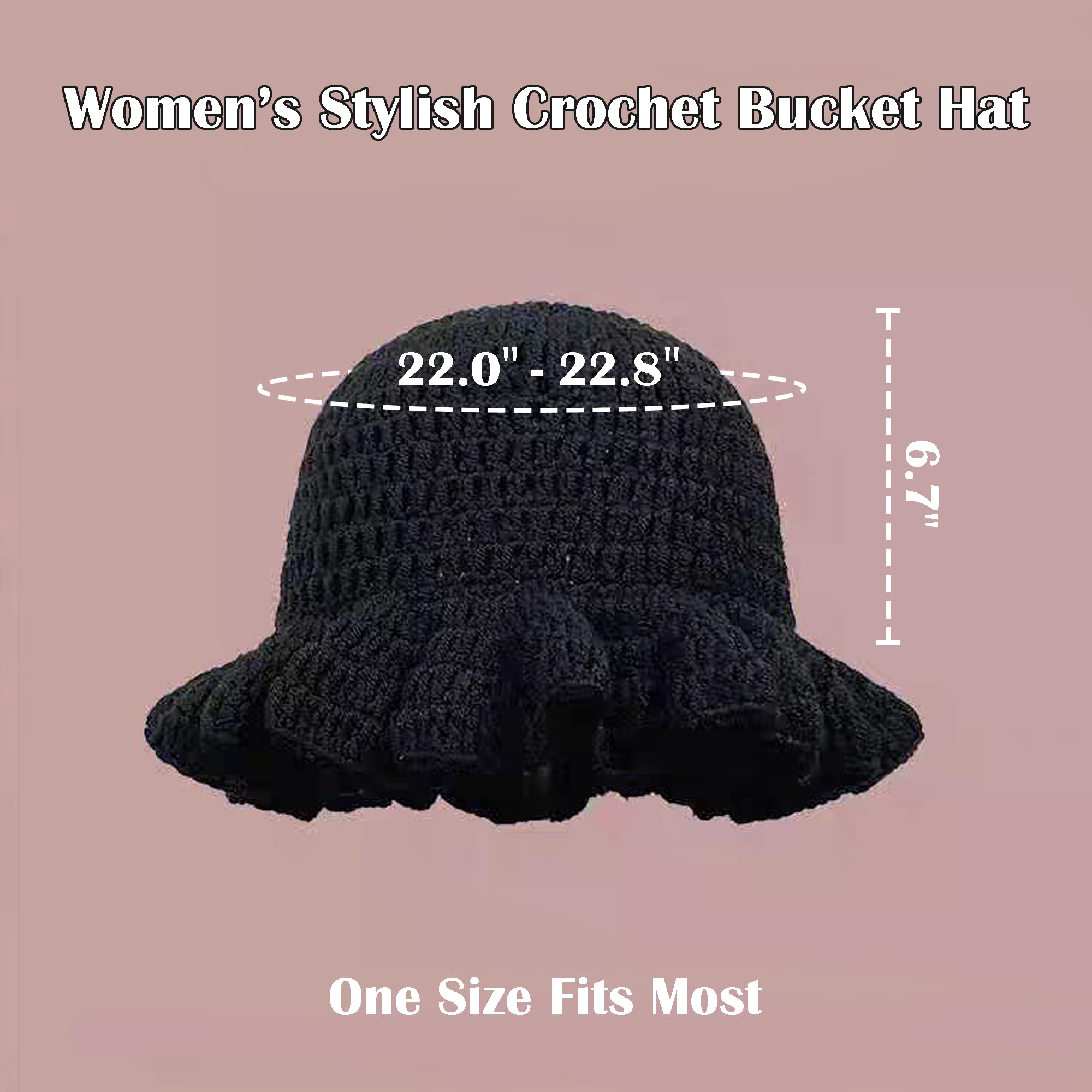 Women's Crochet Ruffled Bucket Hat - Winter Fashion Knitted Hat Foldable Wide Brim Fisherman Beanie Cap Stretchy Knit Hat (US, Alpha, One Size, Black)