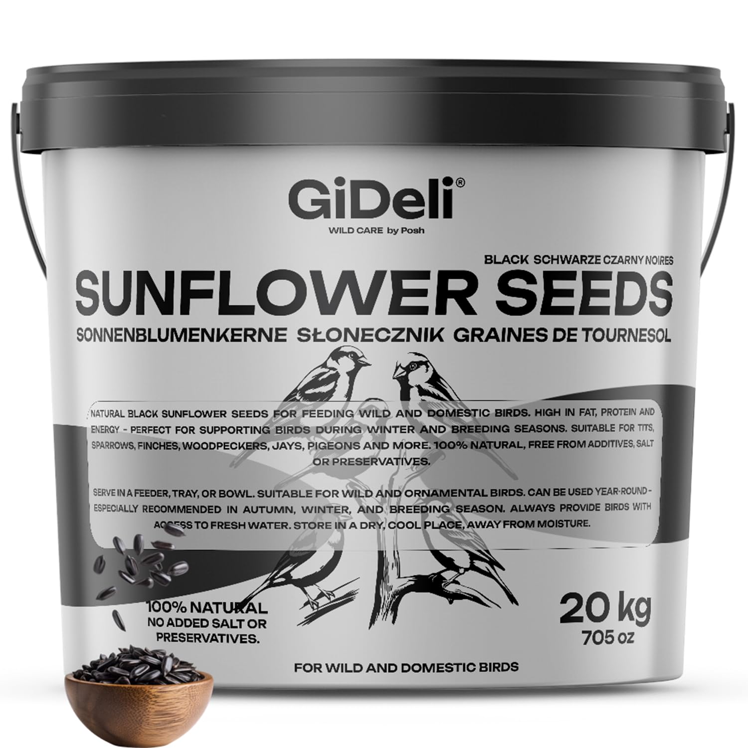 GiDeli Semillas de girasol negras, 20 kg, en cubo, comida para pájaros silvestres, para todo el año, comida para caballos y pequeños animales