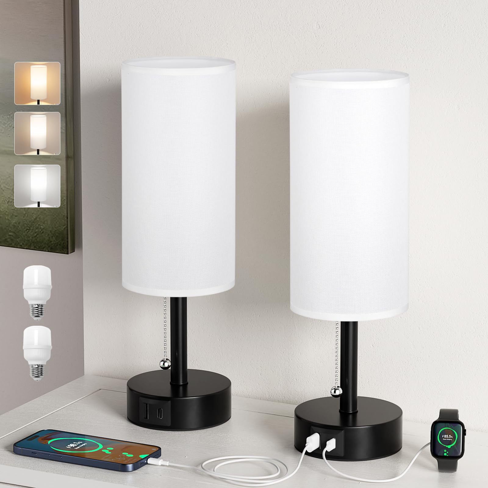 Fenmzee USB-Nachttischlampen, Set mit 2–3 Farbtemperaturen, Zugkettenlampe mit USB-C- und A-Ladeanschlüssen, runde Nachttischlampen für Schlafzimmer