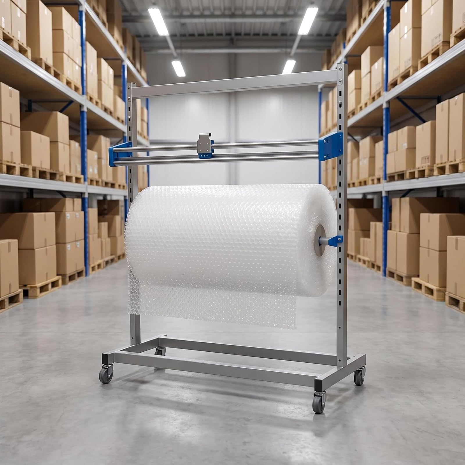 Support Dévidoir Mobile pour Rouleaux d'emballage (640-1300 Mm) avec Cutter – pour Film à Bulles, Papier Kraft Et Film étirable – Rack De Stockage Industriel sur ≤1600mm