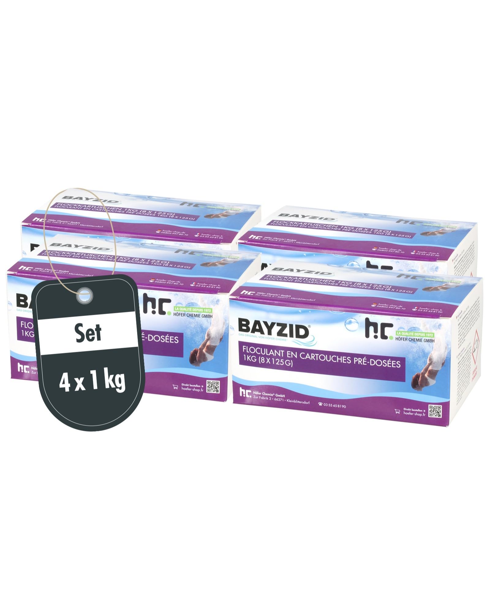 Höfer Chemie Flockkartusche Pool 4 x 1kg Bayzid - Flockungsmittel Pool - Filtert Verunreinigungen in Pool & Schwimmbad mit Sandfilteranlagen - Einfache Dosierung