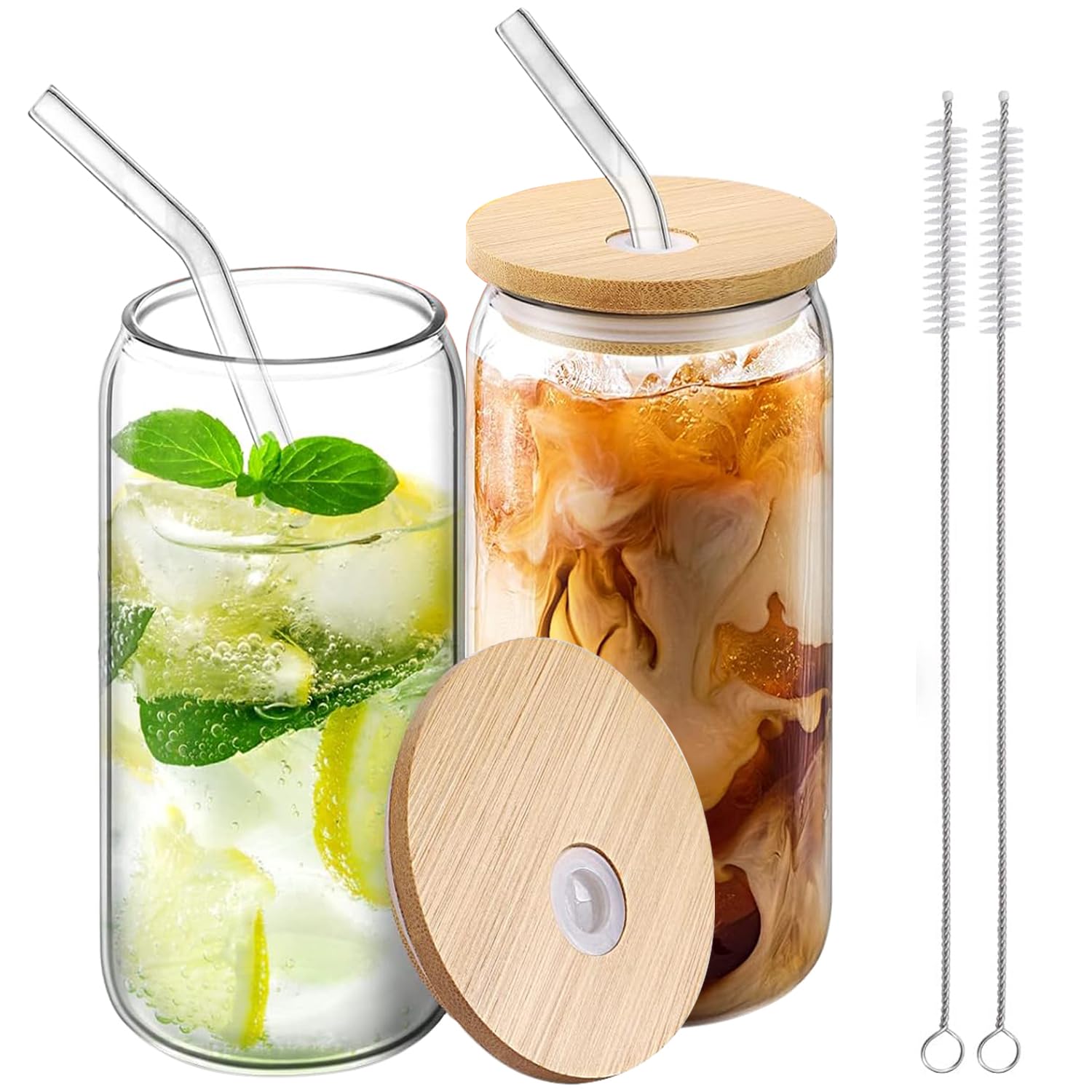 Tycom Drinking Glasses with Bamboo Lids and Glass Straw, 500ml Beer Can Shaped Glass Cups, Tumbler Cup Ideal For Beer, Tea, Soda, Iced Coffee (2pc, 500ml)