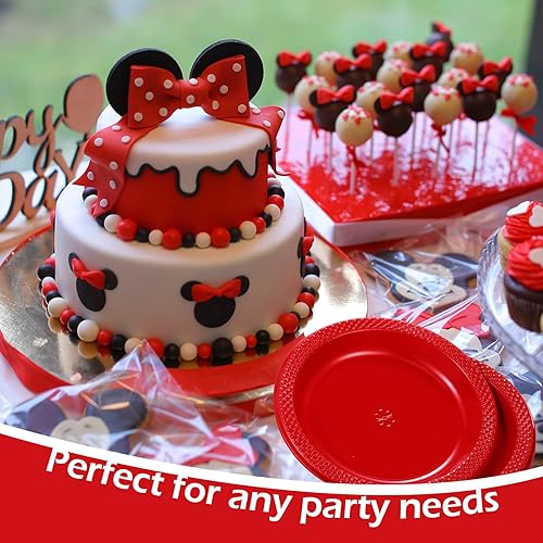Miniatura 5 de Mimorou 200 platos rojos de plástico de 6 pulgadas, redondos rojos, desechables para todas las ocasiones, platos a granel para eventos especiales,