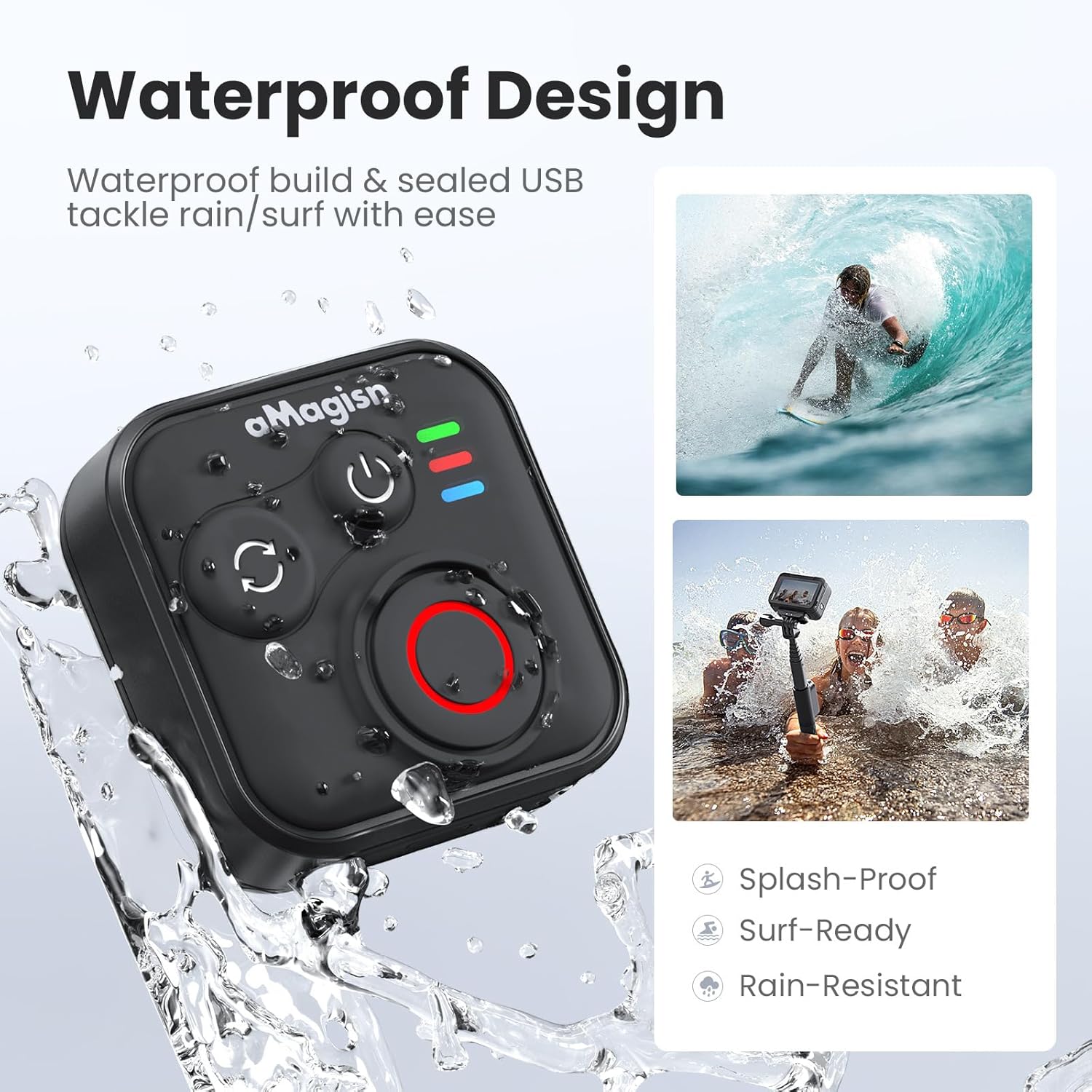 aMagisn remote control being splashed with water, highlighting its waterproof design