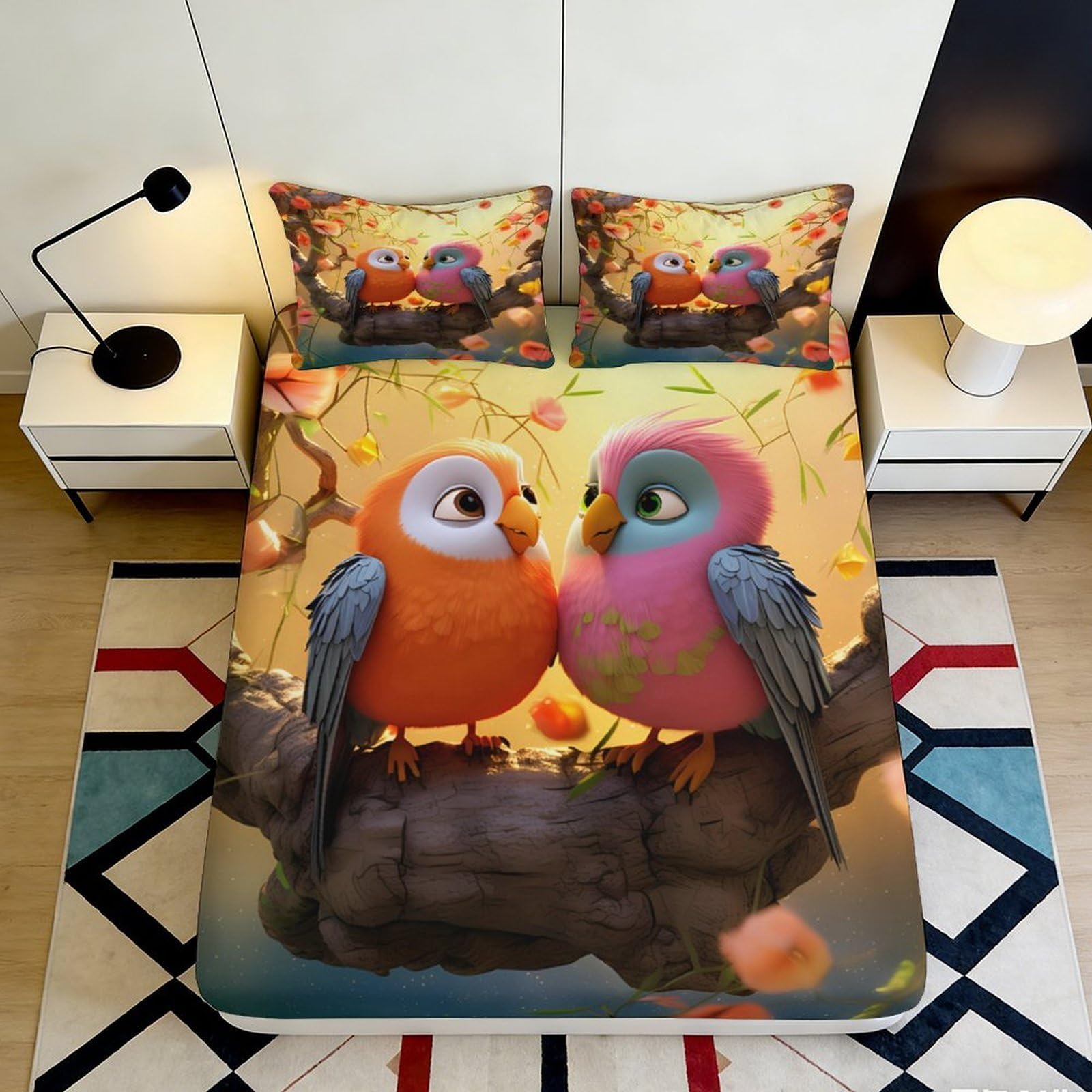 3D Printed Cute Birds Fitted Sheet, Microfiber Soft Touch, Wrinkle Resistant Bed Cover, Home Decor, Guest Room Bedding, Machine Washable, Bedroom Style, 118 chars 90x200x25cm