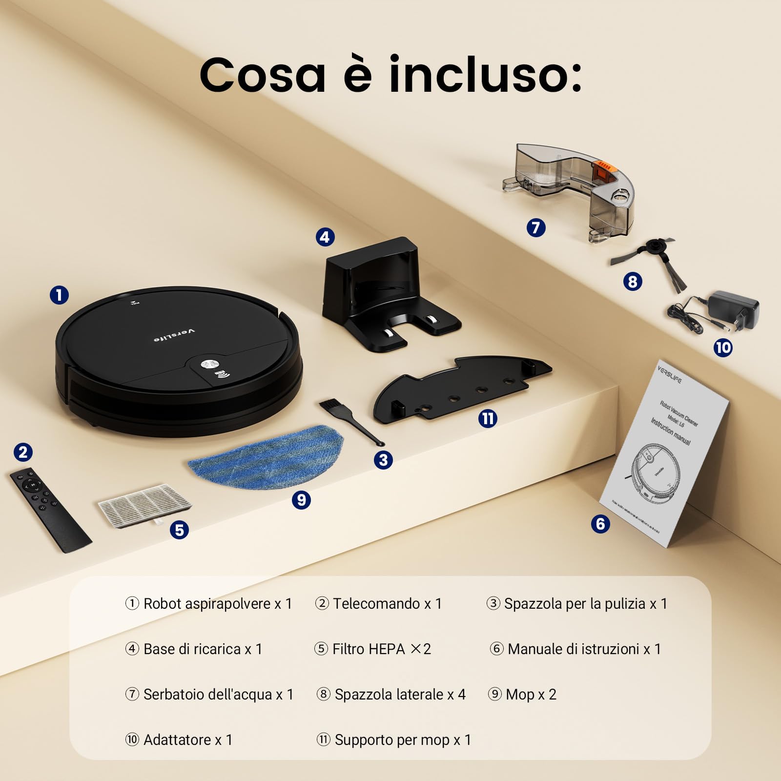 VersLife L6 Robot Aspirapolvere e Lavapavimenti 2 in 1, Autonomia 120 Minuti, 4000Pa, Controllo con App, Telecomando e Alexa, Silenzioso, Auto-ricarica, per Pavimenti Duri, Tappeti e Peli di Animali