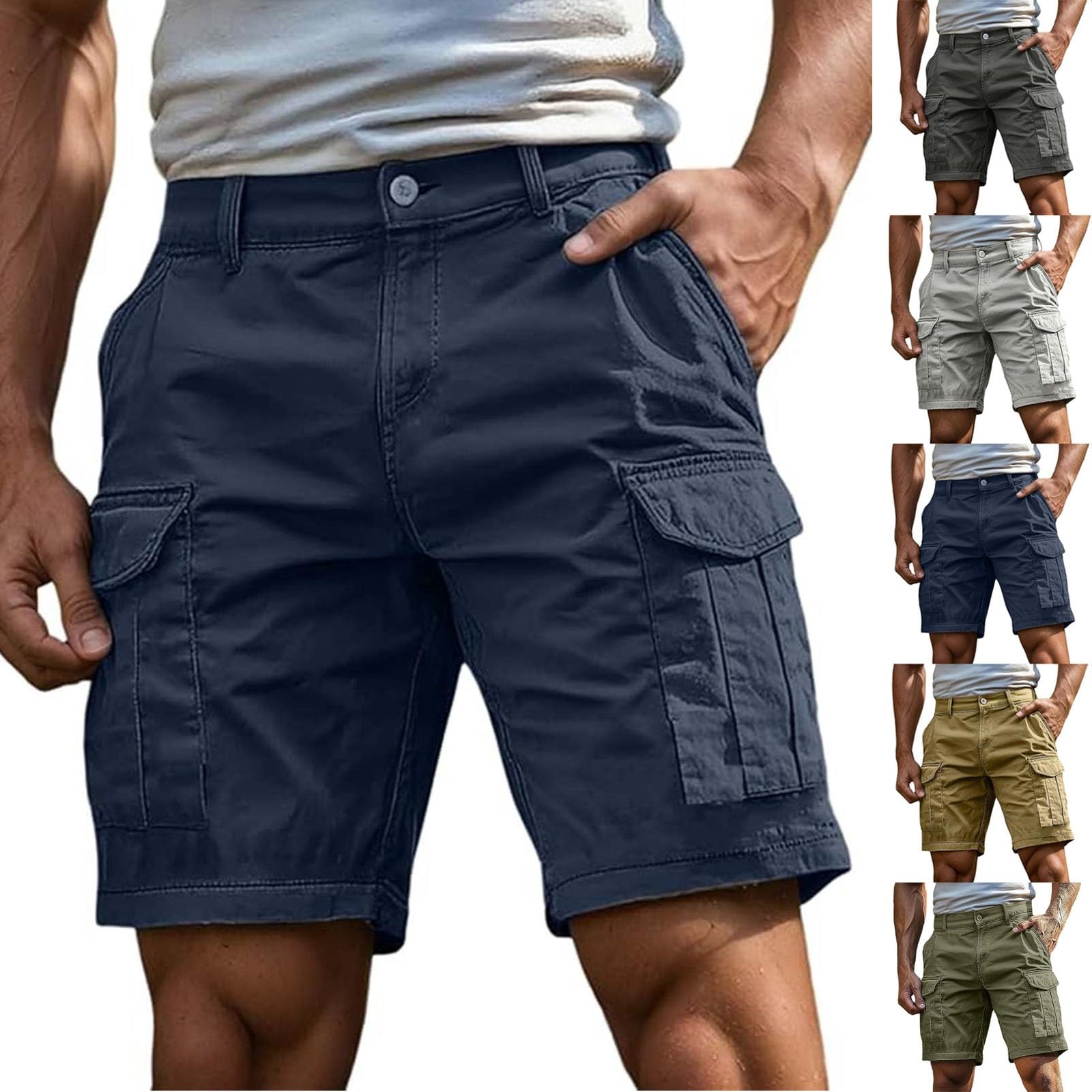 Short Cargo Homme Bleu Marine Pantalon d'Extérieur Court d'Été M