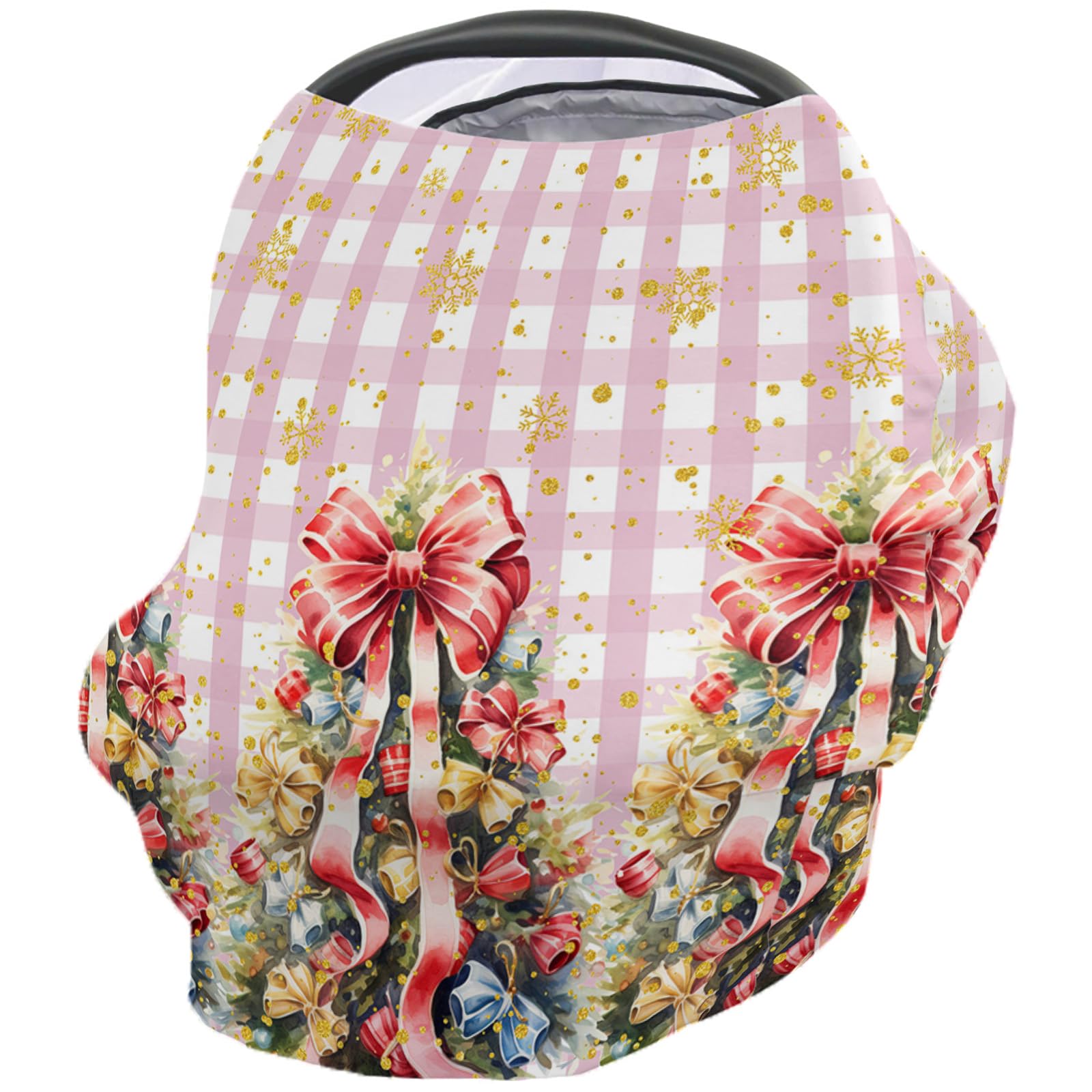 Nursing Cover for Breastfeeding Scarf, Merry Christmas Gold Snowflake Buffalo Plaid Watercolor Bow Baby Car Covers Super Soft Multi Use for Canopy Shopping Cart Cover Blanket Stroller Cover
