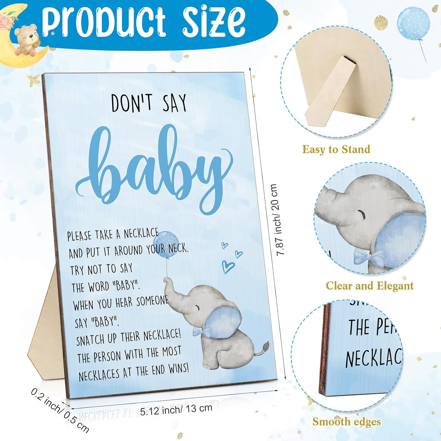 Wonderjune Don’t Say Baby Shower Game, Wooden Sign & 50 Elephant Necklaces, Baby Shower Games for Guests, Gender Reveal Party Supplies