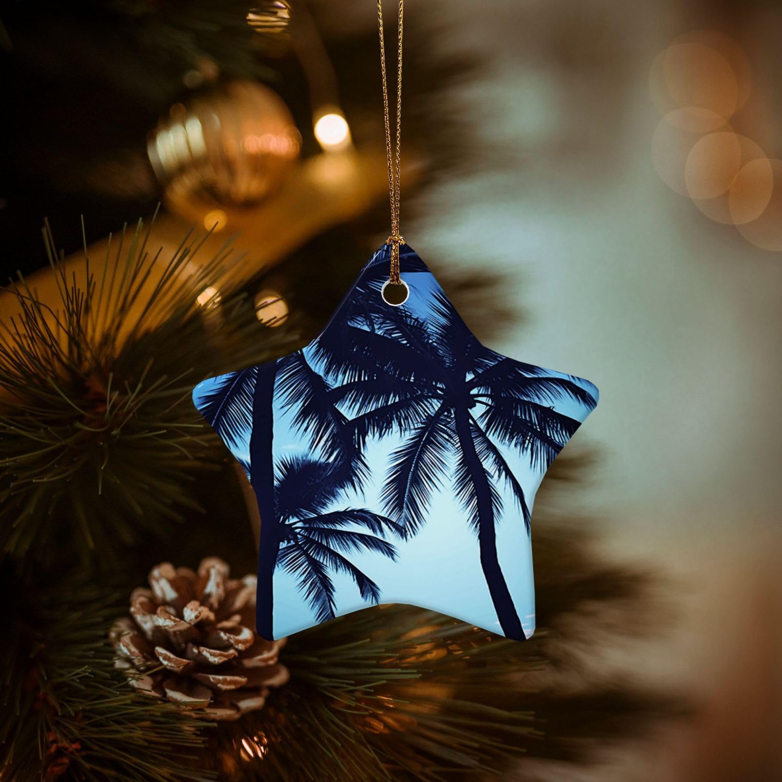 Christmas Tree Ornaments Ceramics Christmas Decorations Palm Tree Blue Ornaments with Gold Ribbon Porcelain Xmas Tree Crafts Star Shape Hanging Pendant for Christmas Tree Party Decor