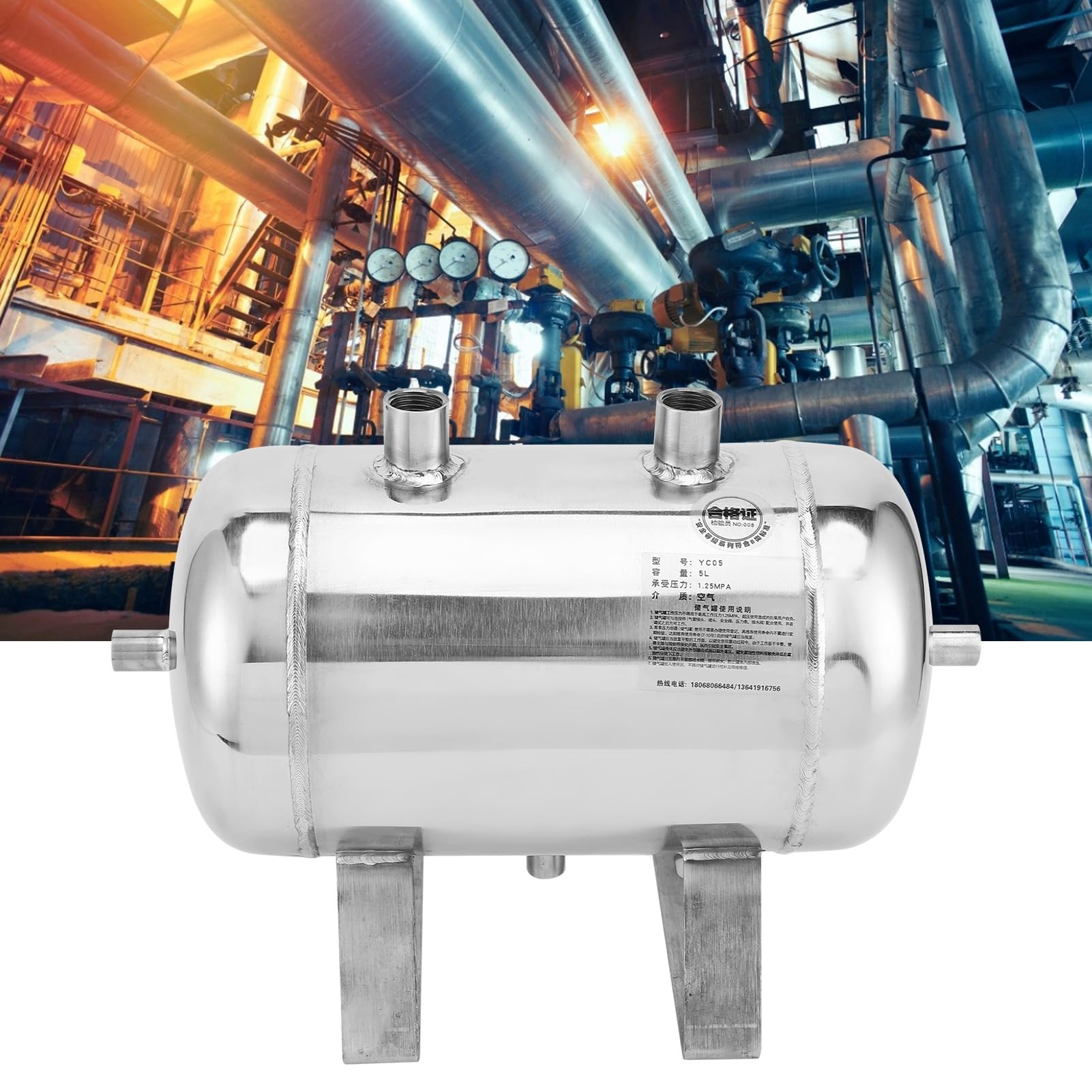 Tanque de Almacenamiento de Gas de Acero de 5 Litros, Contenedor de 4 Puertos Tanque de Aire de Alta Presión Diámetro del Tanque Aproximadamente 159 Mm Longitud del Tanque 280 Mm