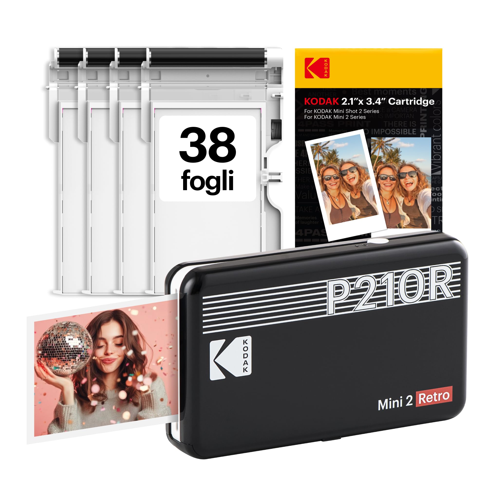 KODAK Mini 2 Retro Stampante Fotografica Portatile 5,3 x 8,6 cm, 38 Fogli, Stampante Smartphone Bluetooth per iPhone & Android, Stampe a Colori Istantanee, Sublimazione 4PASS, Nero