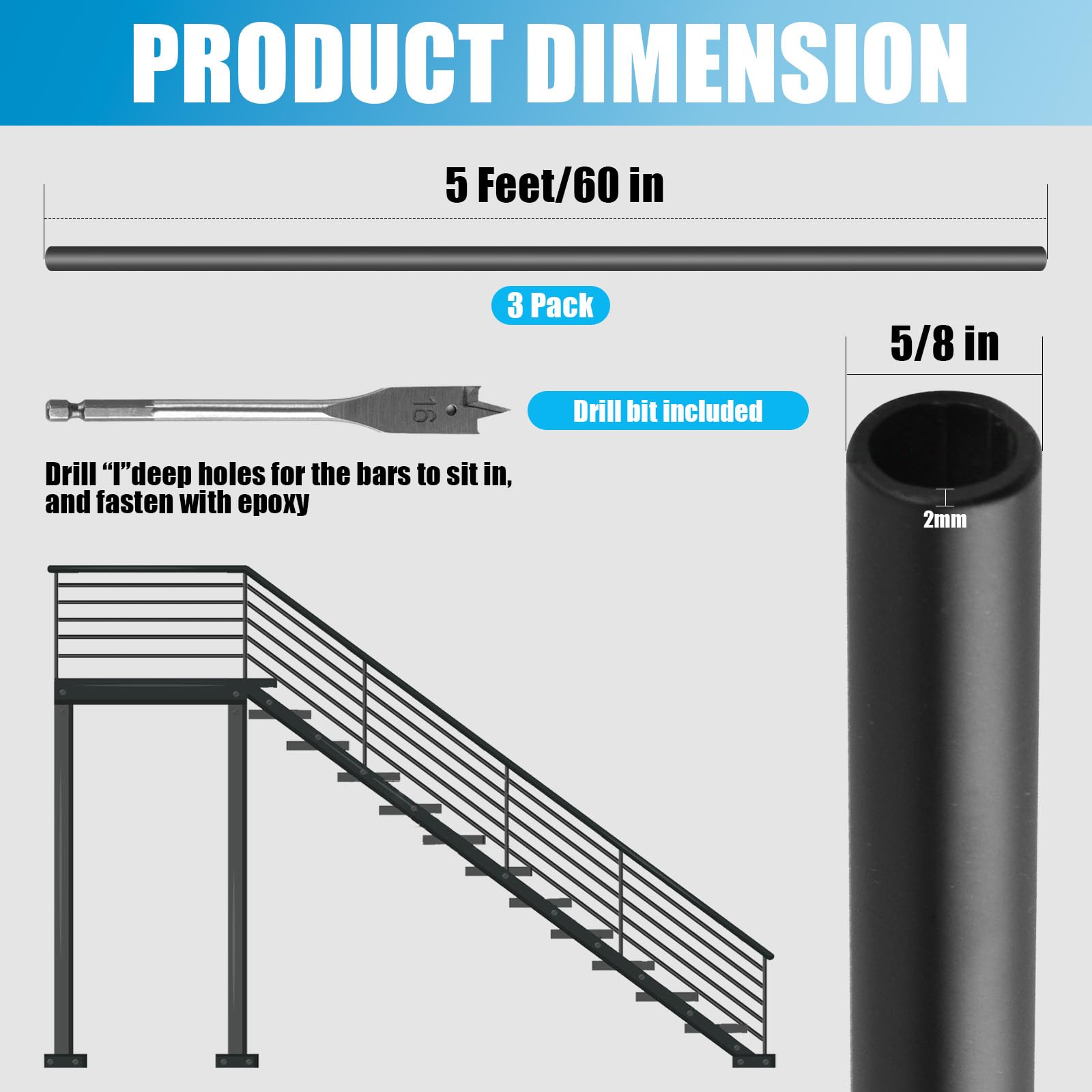 8-Pack Aluminum Stair Balusters – 4.7 FT X 5/8" Matte Black Hollow Round Bars With Drill Bits For Deck Railings