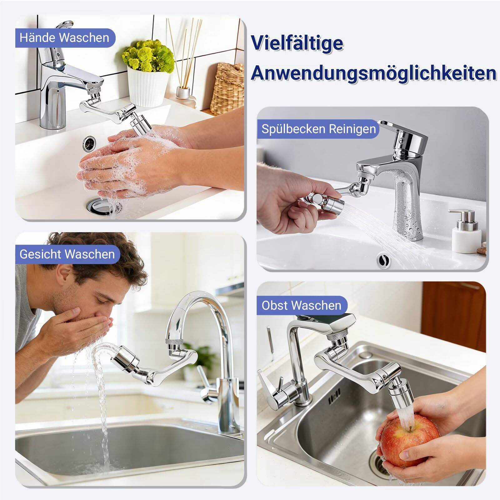 Longing Home 1080° Schwenkbarer Wasserhahn Aufsatz, 360° Kopf, 1 Stück | Robuste Drehbare Spülbecken Verlängerung Universeller Wasserhahn Verlängerung Drehbar Mit Sieb Für Küche Und Badezimmer