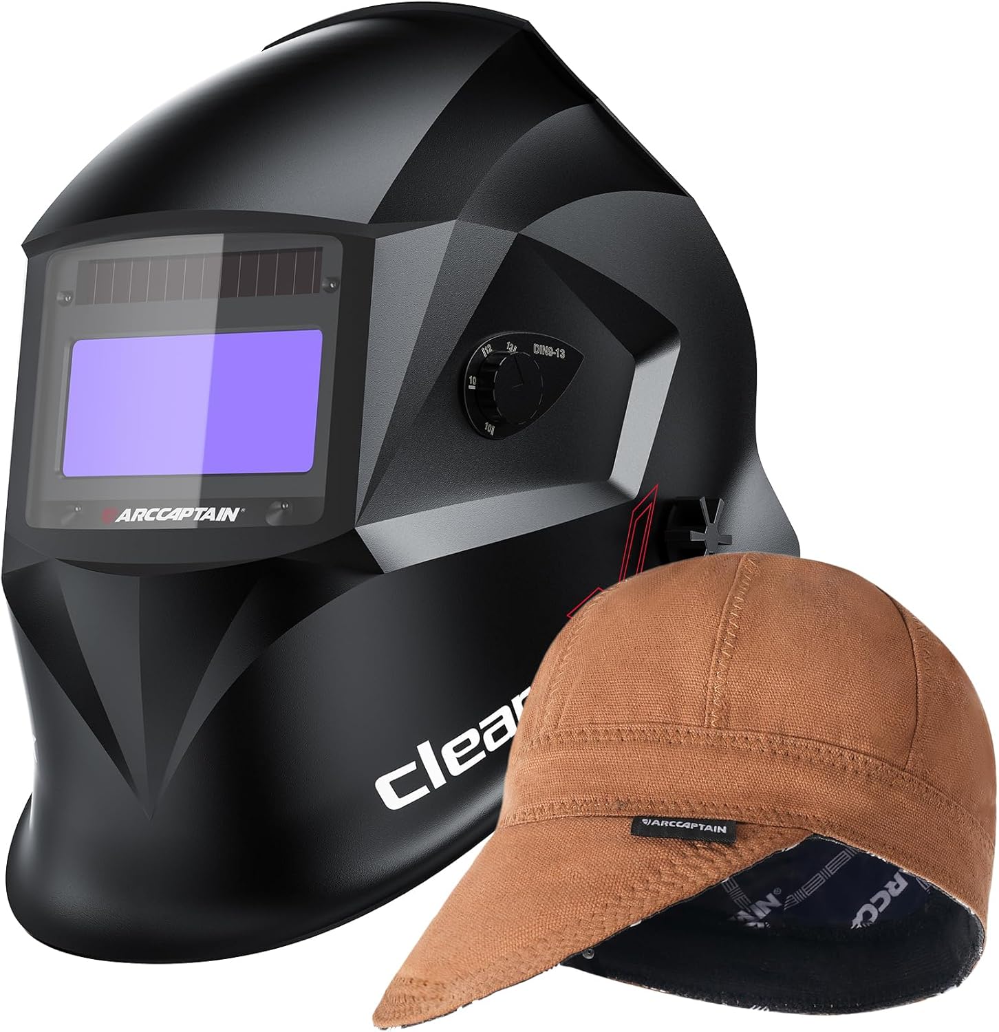 ARCCAPTAIN Large Viewing Screen Welding Helmet & Khaki Welding Cap, 7 1/4